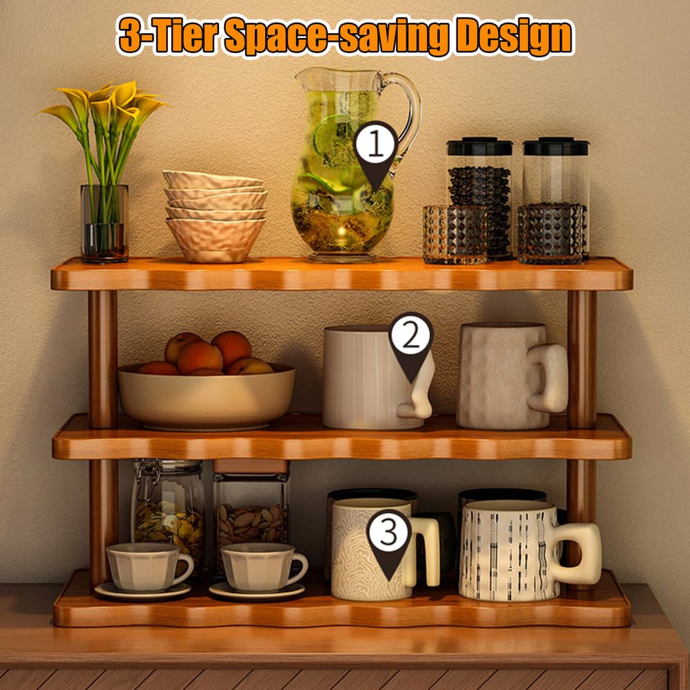 STEHEMO Wooden Mug Holder Countertop, Coffee Station Organizer, Counter Shelf for Tea Coffee Bar Accessories, Matcha Stand, Cup Display, Kitchen Condiment Storage Rack,3tier,19.69IN