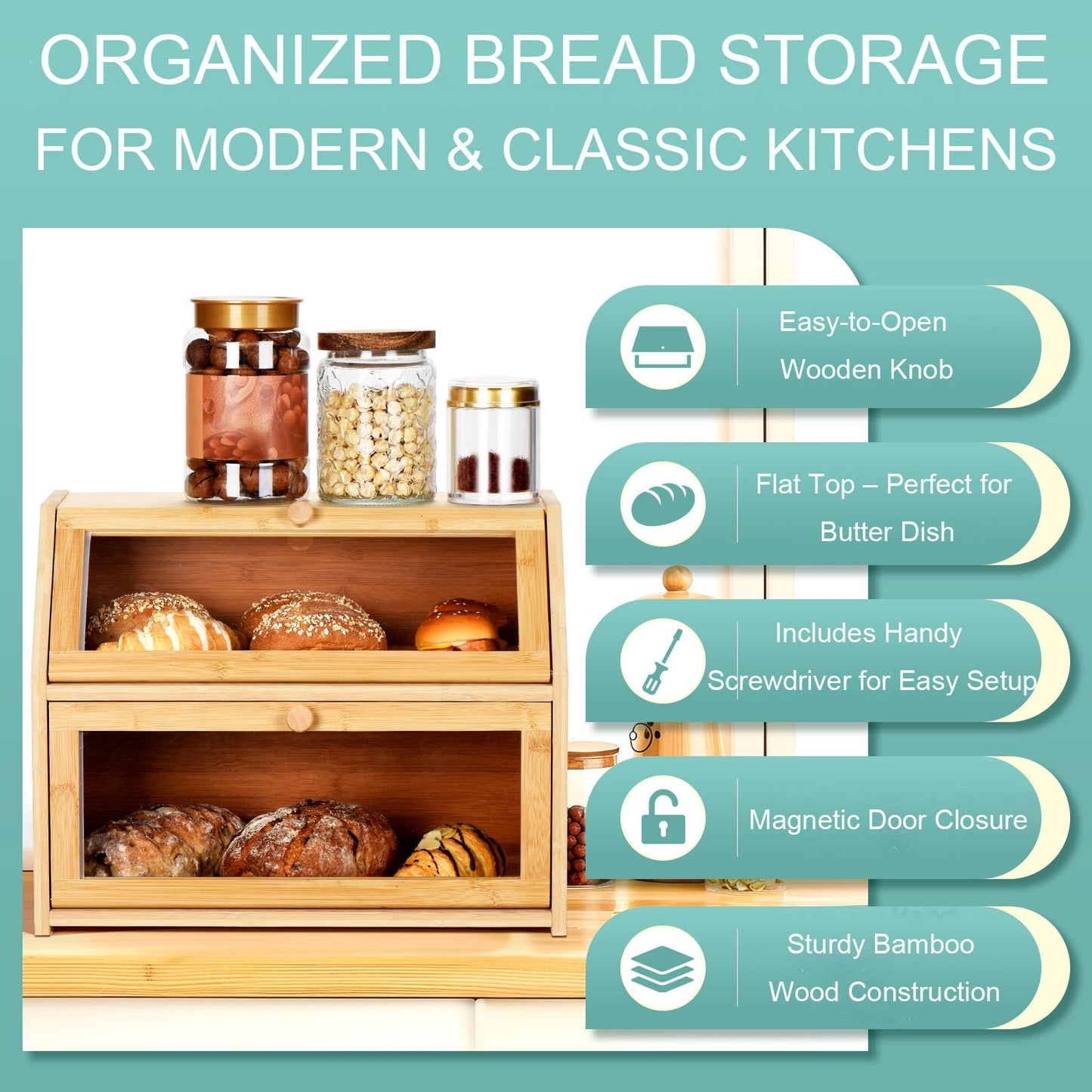 Wcatea Bread Box for Kitchen Countertop, Large Double Layer Bamboo Bread Storage Box with Clear Door, Includes 20 Bread Bags & Labels, Farmhouse Kitchen Storage Organizer (Natural Bamboo)
