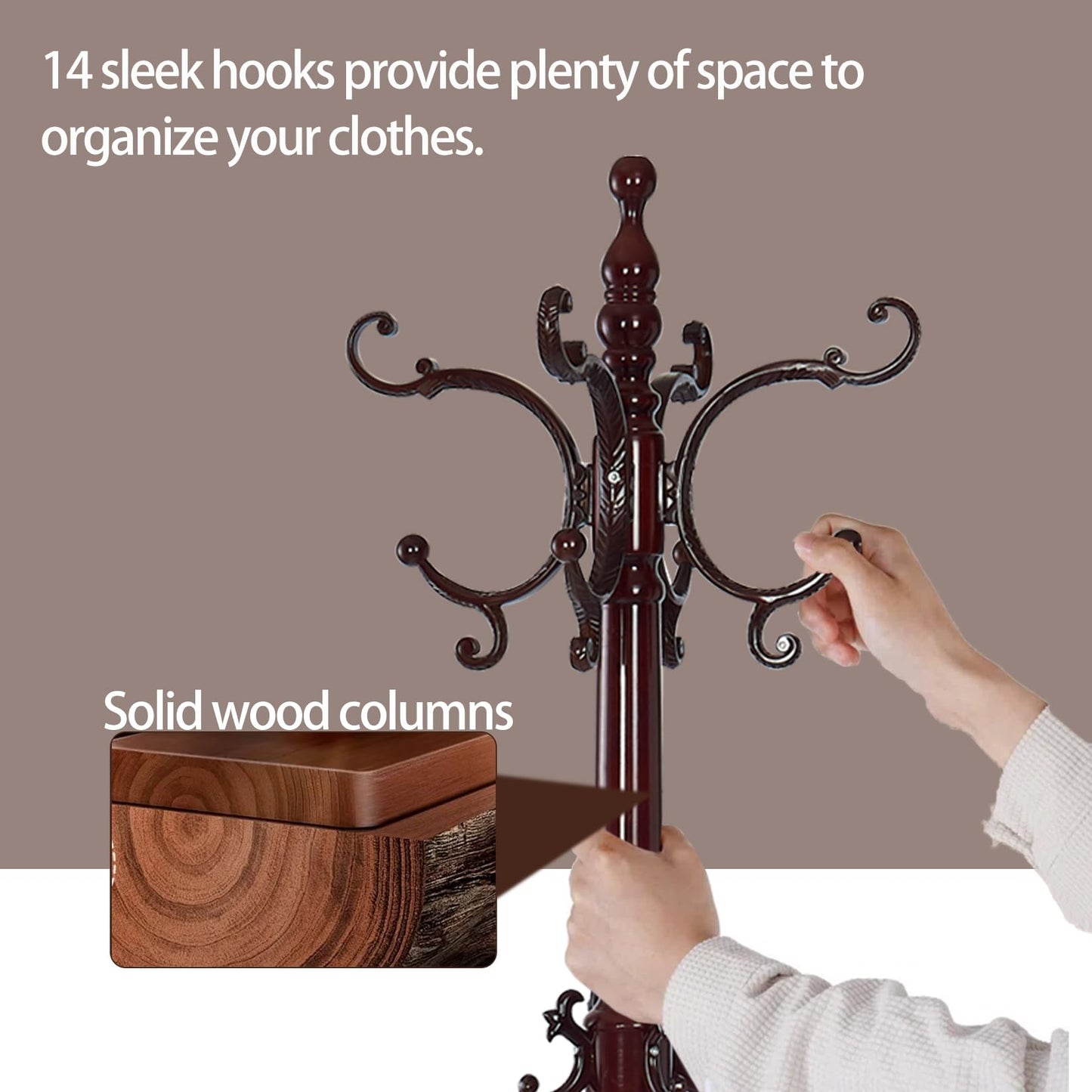 Hebtwebf Wooden Coat Racks, Retro 78" Coat Tree with 12 Hooks & Stable Triangular Base, Entryway Coat Rack Freestanding for Hat, Clothes, Scarves, Handbags, Umbrella (Mahogany)