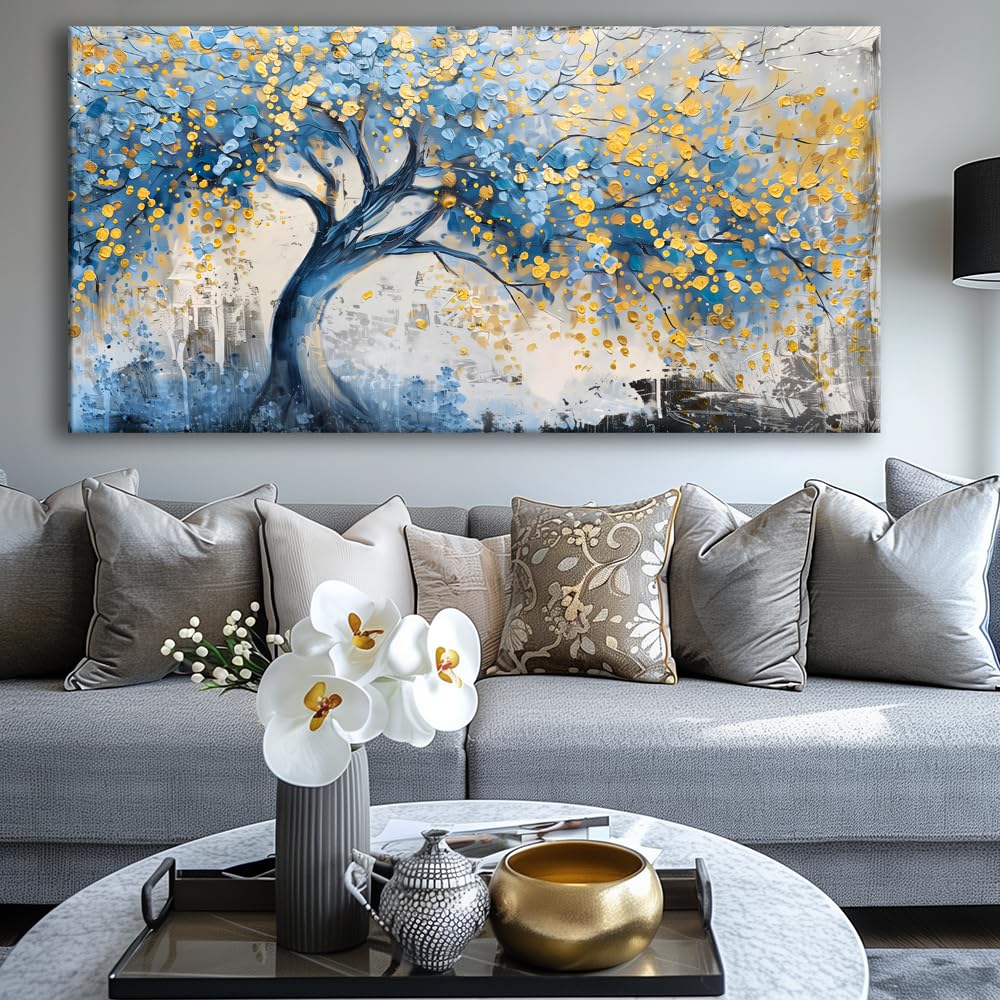 Wall Art Tree of blue Life Abstract Canvas Painting Textured Picture, Modern Landscape Artwork Framed for Living Room Bedroom Bathroom Office Home Decor 48x24in