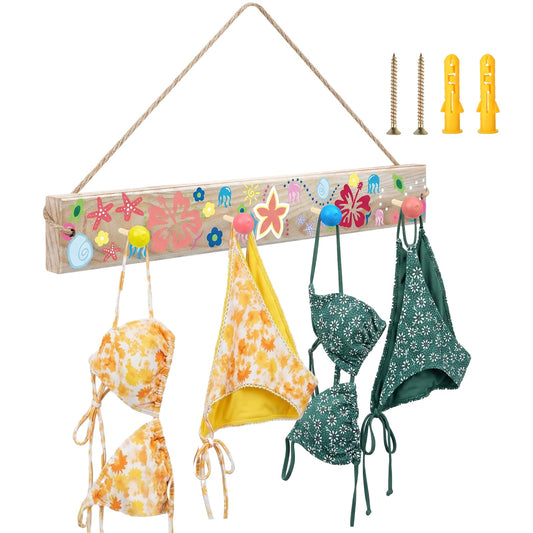 Kathfly Wall Hook Rack for Bikinis 17.7'' Wooden Beach Seashell Wall Mount Coat Rack Colorful Decorative Hook Hanger Pine Print for Summer Beach Bathroom Decor Swimming Pool