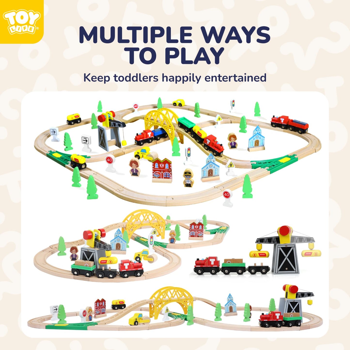 TOY Life Wooden Train Set 60pcs with Magnetic Crane, Wooden Train Tracks Toys for Toddlers Boys Girls 3 4 5, 3 Year Old Boy Gift, Wood Toys Toddler Train for Kids 4-8 - Fits Thomas Brio Chuggington
