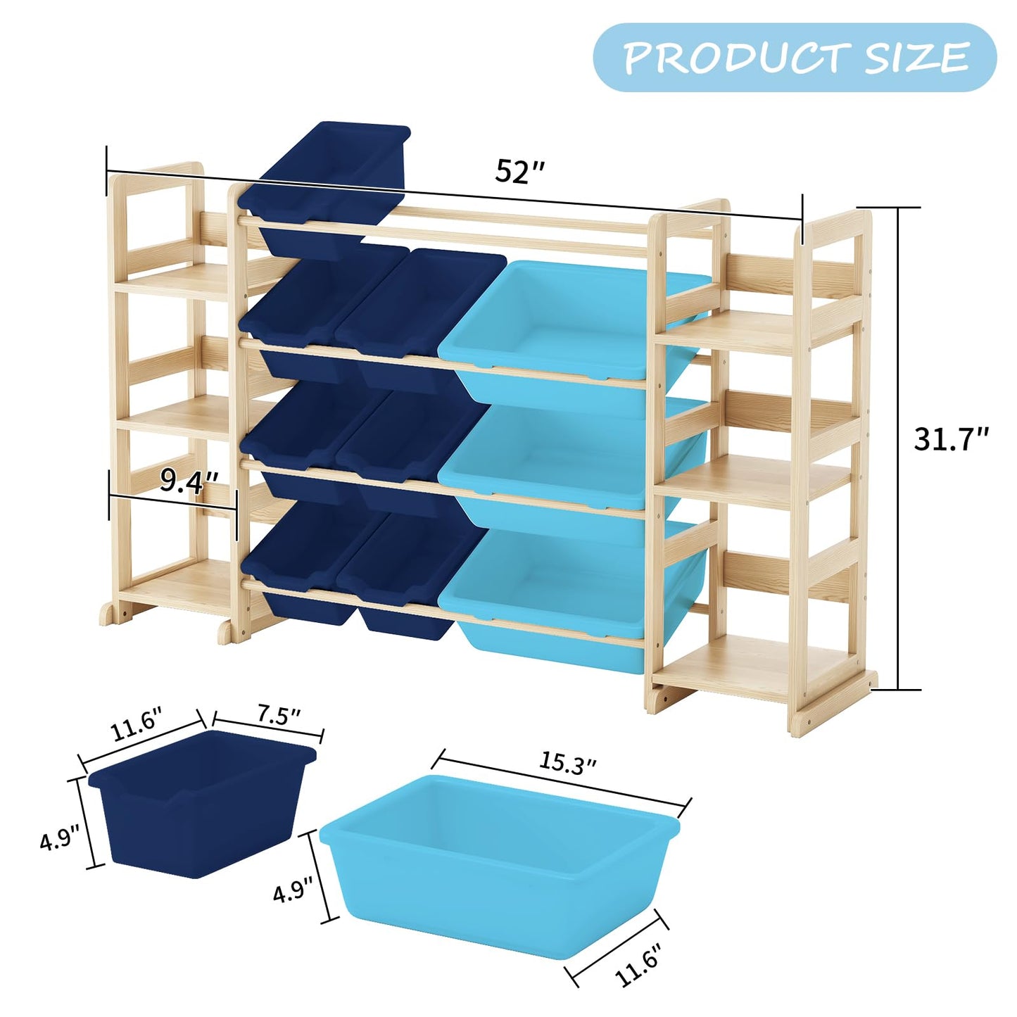 EXPERLAM Extra Large Toy Storage - Toy Storage Organizer, Wooden Toy Organizer with 6 Side Shelves and 12 Bins, 3-in-1 Bookshelf for Kids Rooms, Playroom, Nursery, Blue