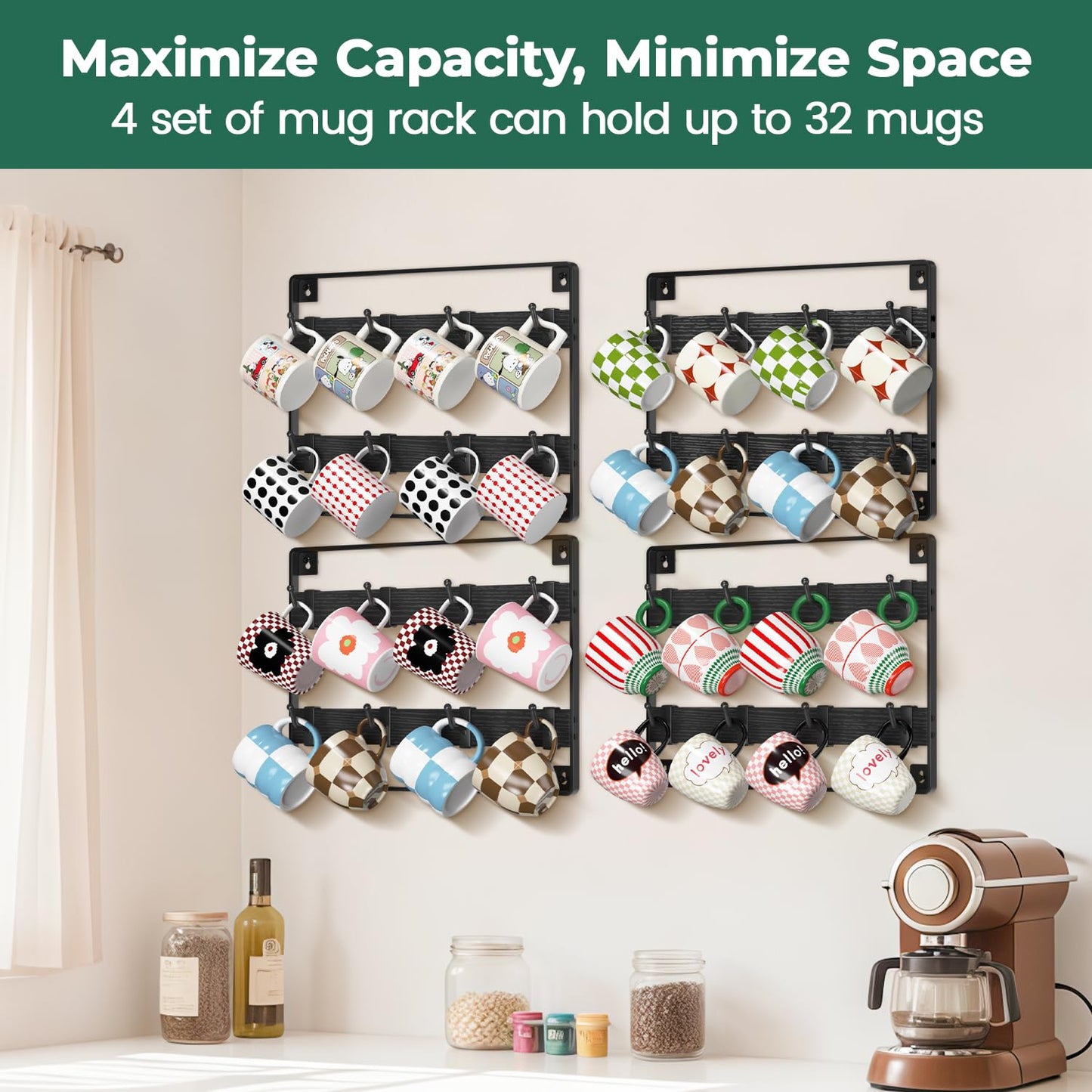 EsLuker.ly Mug Holder Hanger Rack Wall Mounted Wooden 4 Pack Coffee Cup Storage Organizer Display Shelf with 32 Movable Plastic Hooks, Ideal for Mug Collectors, Black