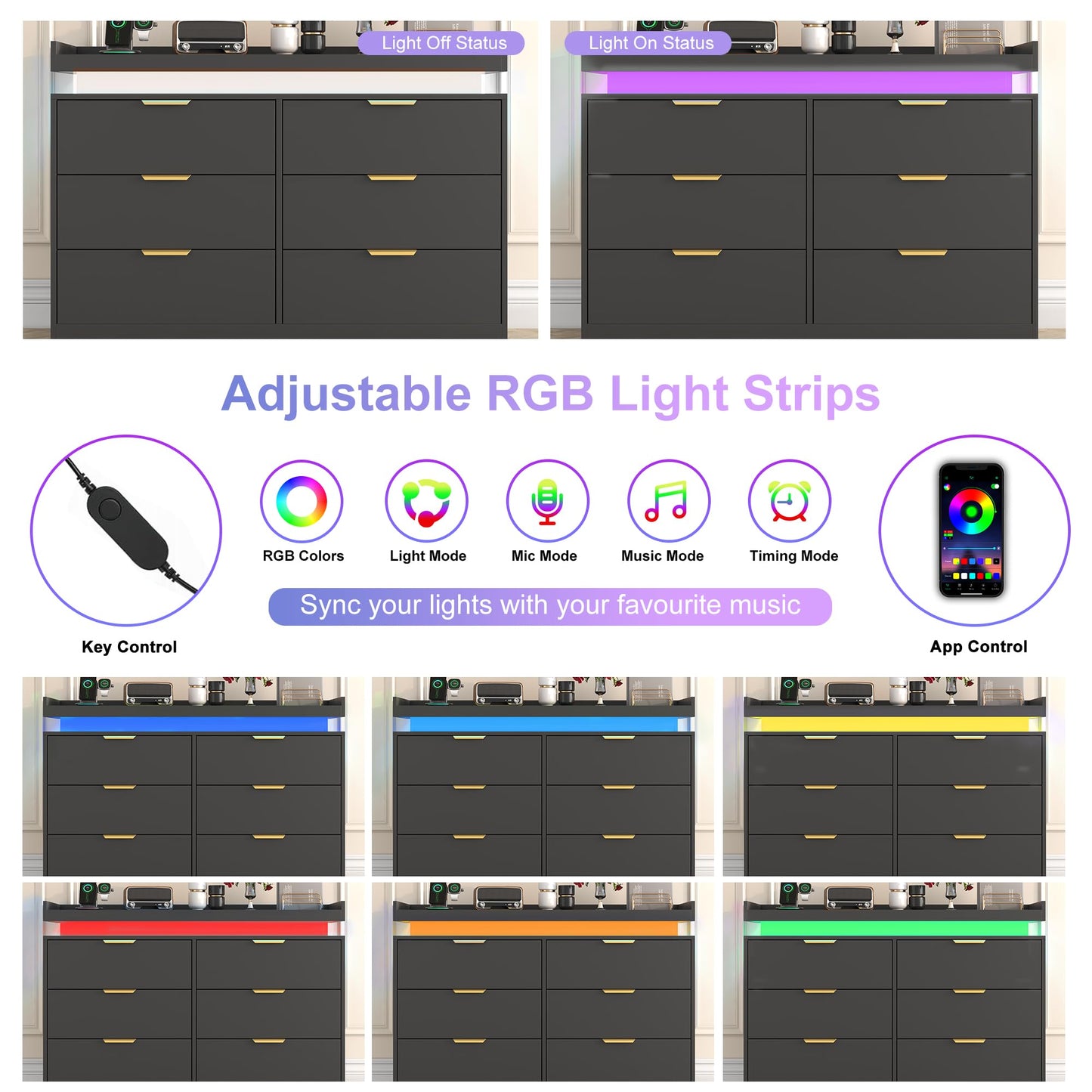 UNIQUITE 6 Drawer Dresser for Bedroom, Black Dresser with LED Lights and Power Outlet, Wooden Dressers Chests of Drawers, Double Wide Dressers for Bedroom, Entryway, Hallway