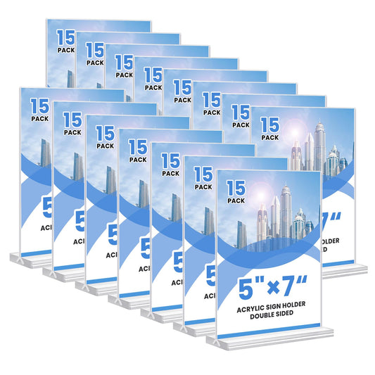 Acrylic Sign Holder, 5x7, 15 Pack Vertical Clear Table Menu Display, Double Sided, Plastic Stand, Suitable for Restaurants, Office, Store, Fair