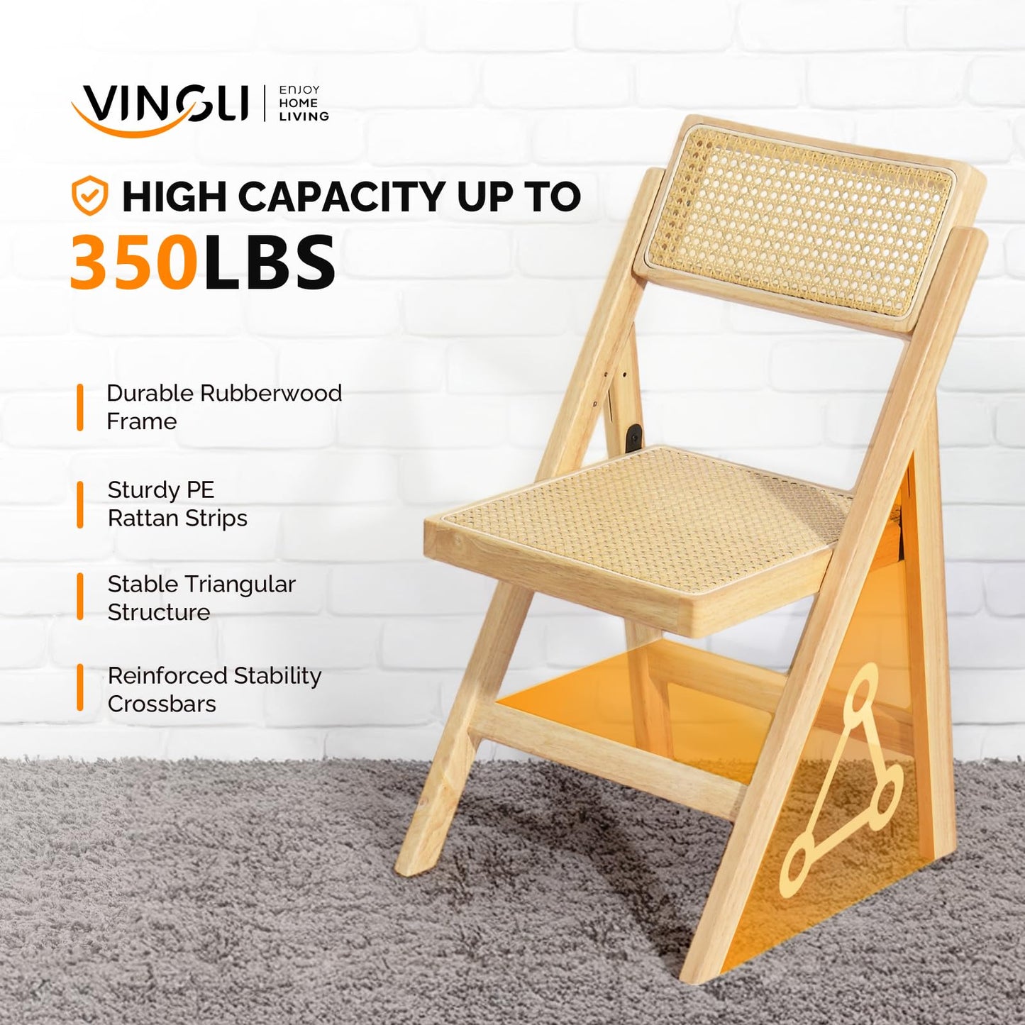 VINGLI 2 Pack Rattan Wooden Folding Chair, Dining Folding Chair with 360° Swivel Backrest, Sturdy Rubberwood Frame and Rattan Woven Seat and Back, Natural Color, Set of 2