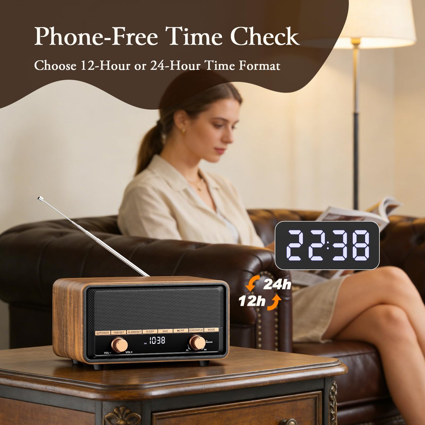 Audiocrazy Vintage Wooden AM FM Radio with Bluetooth, Digital Clock Radio for Bedroom with 80 Station Presets, Tap to Snooze, Sleep Timer, Clear LCD Display for Home Office (Deep Walnut)