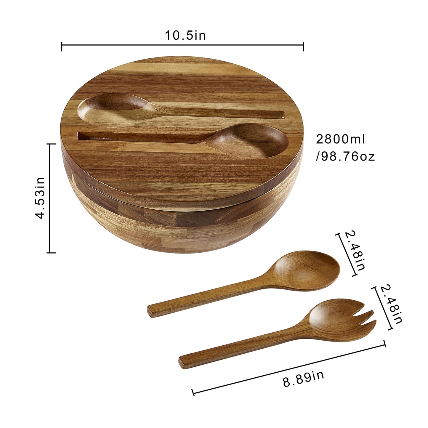 ECWAY Acacia Wooden Salad Bowl with Lid, Built-in Acacia Wood Utensils, 10.5" Large Wood Serving Bowls for Fruits, Salad, and Vegetables, Big Wood Salad Bowls Set 4-Piece, All-in-One Design