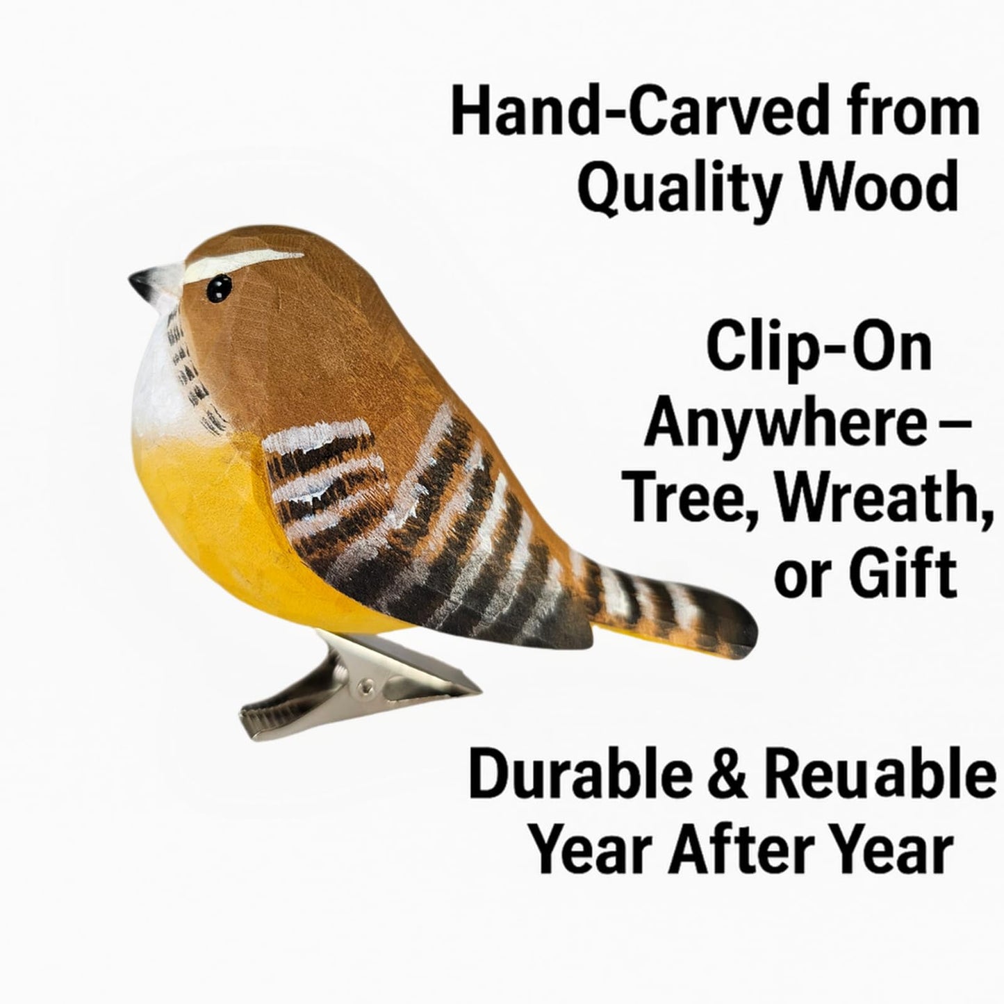 Clip-On Wooden Carolina Wren Ornament with Gift Box - Hand-Carved Wooden Bird for Christmas Tree, Wreaths & Gifts, Rustic Woodland Décor
