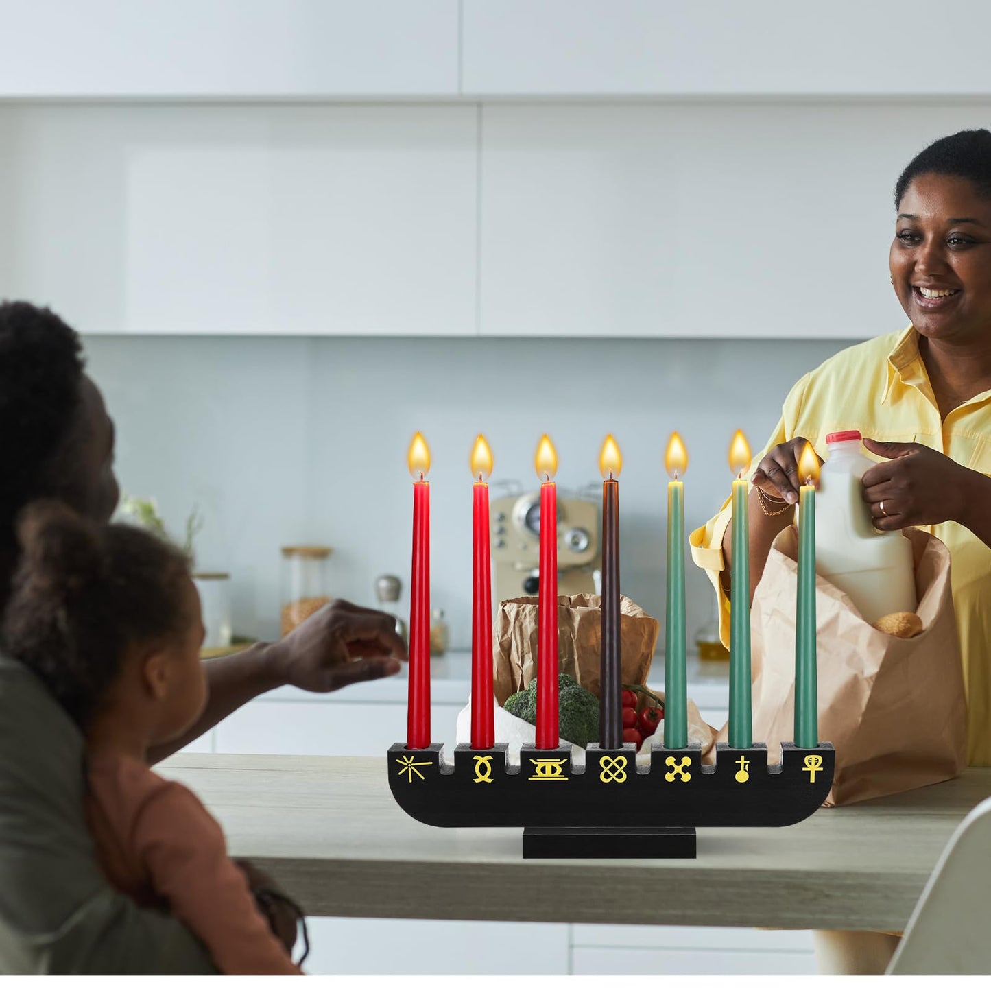 Bucherry Wooden Kwanzaa Decor Handmade Wooden Kinara with Gold Kwanzaa Letters Double Sided Celebration for Home Decor(Black)