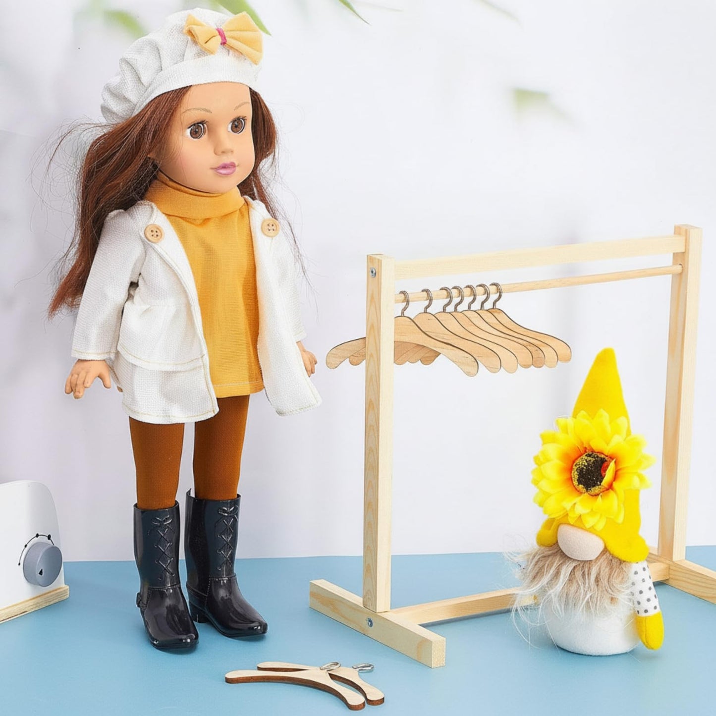 Civaner 11 Pcs Doll Garment Rack with Wooden Clothes Hanger for 18 Inch Girl Doll Clothes Mini Hangers Wardrobe Furniture Accessories for Dollhouse Baby Shower Supplies (Wood)