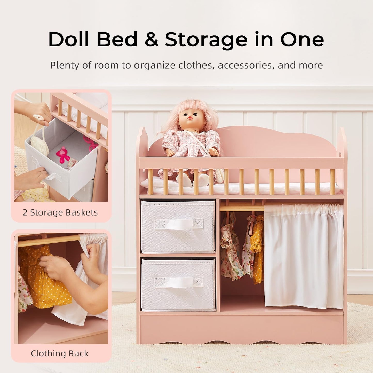 OOOK Baby Doll Crib, Wooden Baby Doll Bed and Changing Table, Dollhouse Furniture with Two Storage Box, Bedding and Coat Hangers, Nursery Playset Suitable for Dolls Under 22 Inches, Pink