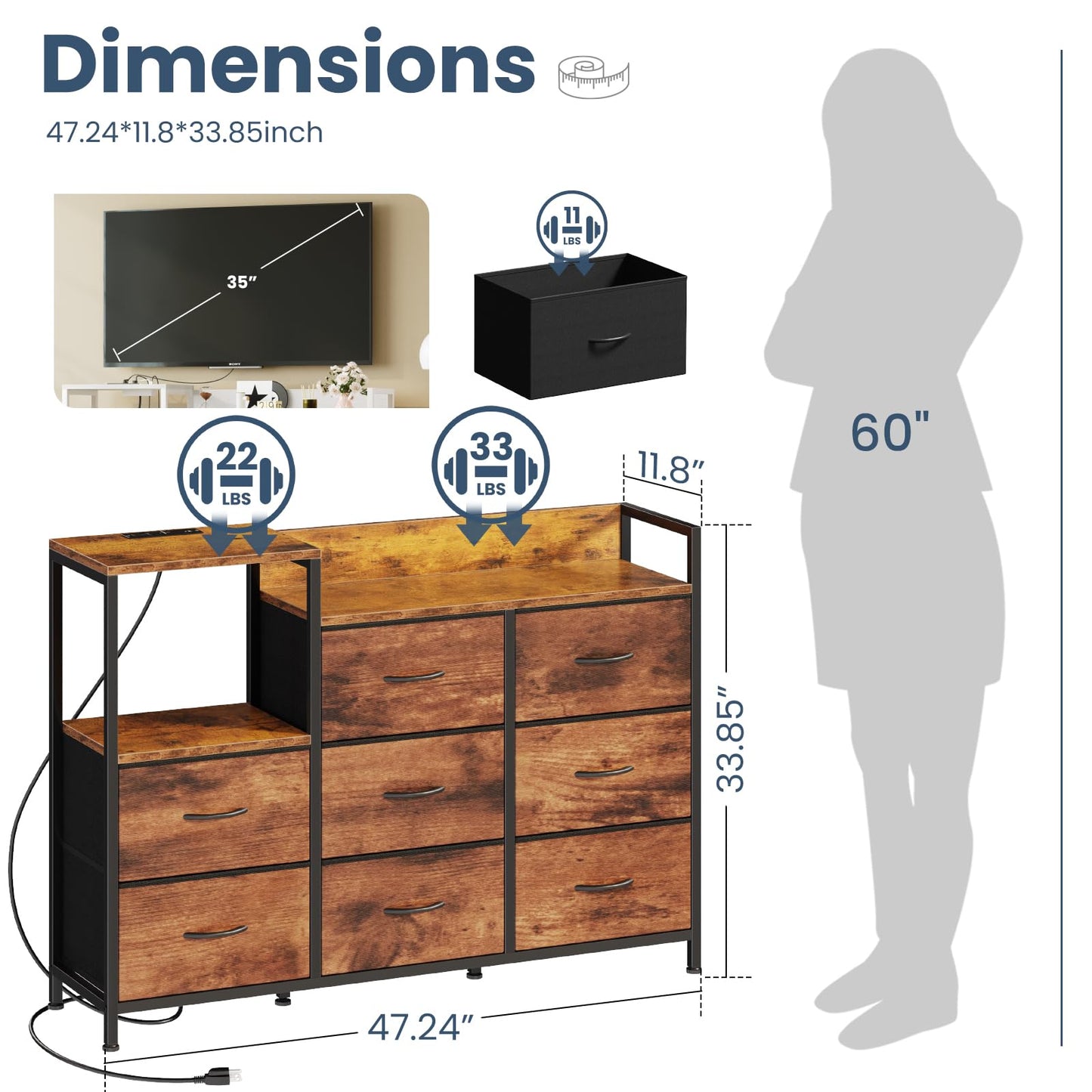 DUMOS TV Stand Dresser with 8 Fabric Drawers & Open Shelves, TV Stand with Wooden Top, Entertainment Center with Charging Station for Living Room, Hallway, Brown