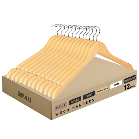 BP4U Premium Wooden Top Hangers, Heavy Duty Solid Wood Suit Hangers with 360° Swivel Hook & Anti-Slip Notches, Durable Clothes Hangers for Jackets, Coats, Shirts & Dresses(Natural Wood/12-Pack)