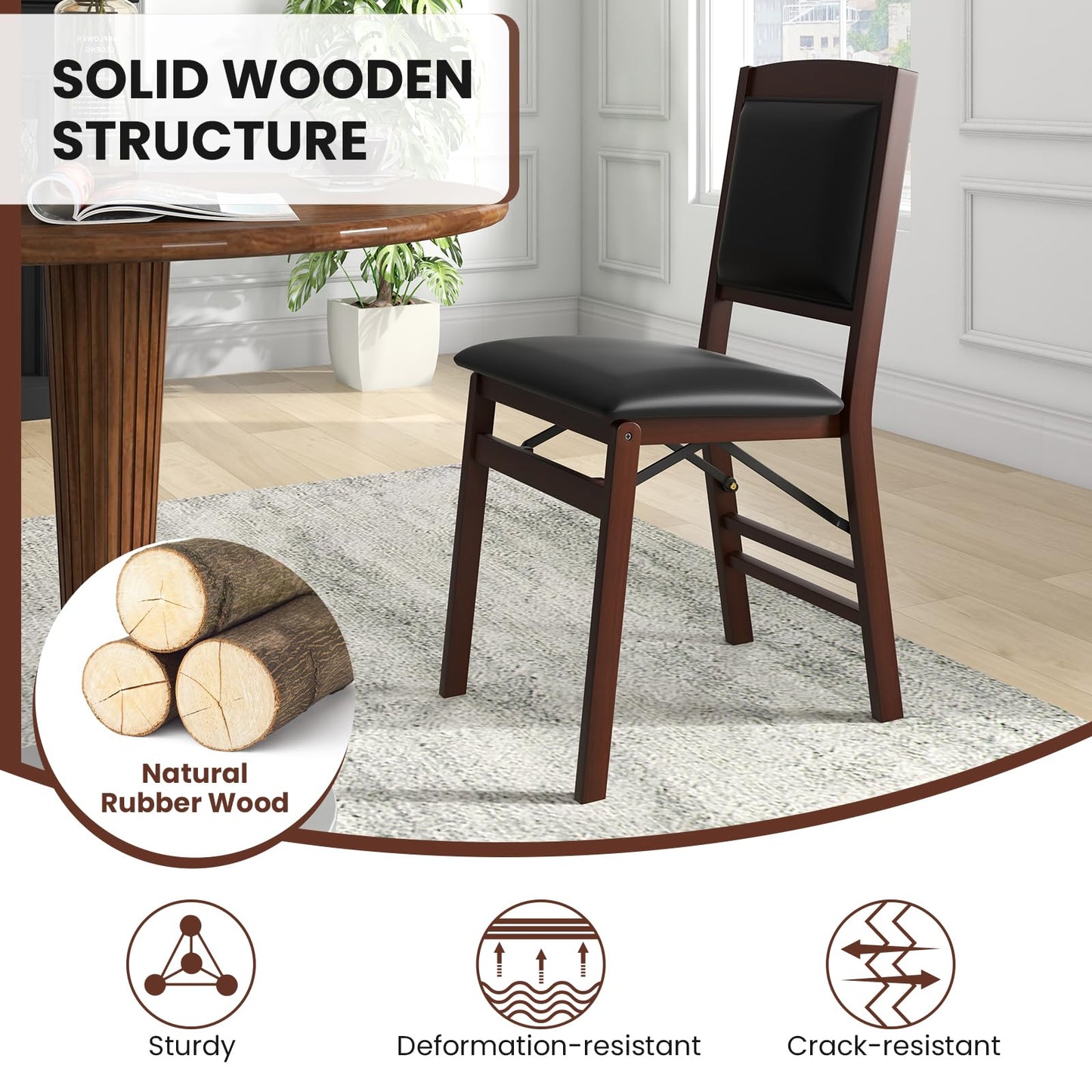 COSTWAY Folding Dining Chairs Set of 2, Wooden Kitchen Side Chairs w/Padded Seat, Solid Wood Frame, 400 LBS Load Bearing, No Assembly Needed, Vintage Foldable Chairs for Dining Room, Living Room