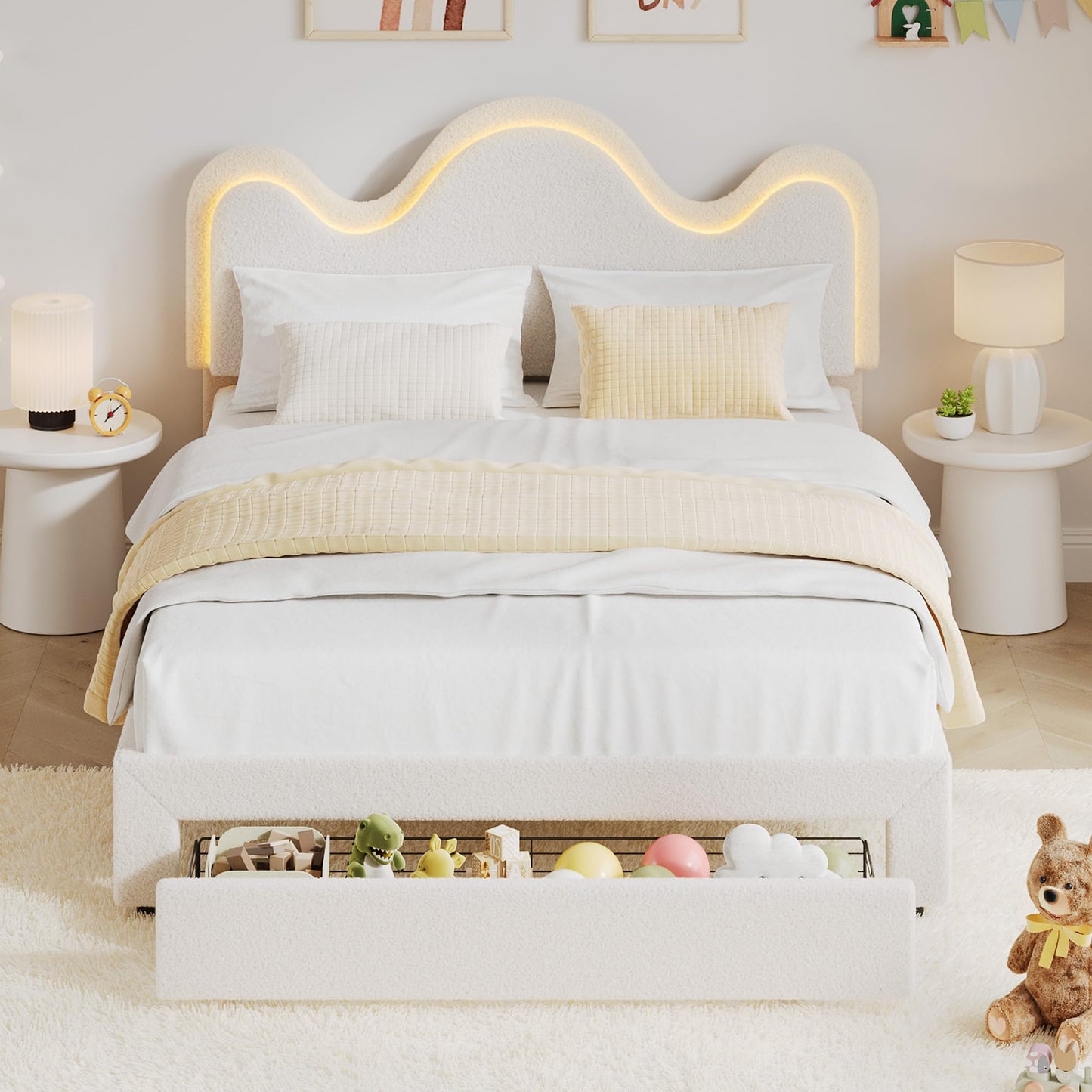 GarveeHome Full Bed Frame with Adjustable Headboard and Storage Drawer, Boucle Upholstered Platform Bed with LED Light for Kids, Lamb Fleece Fabric, Wooden Slats Support, No Box Spring Needed, White