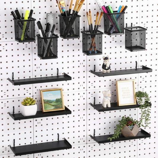 Tosstuki 12 Pack Pegboard Organizer Accessories - 6 Pegboard Pencil Cups Holder Peg Board - 6 Shelves Metal Shelf Brackets - Tools Storage Arrange System Kit for Office Garage Room