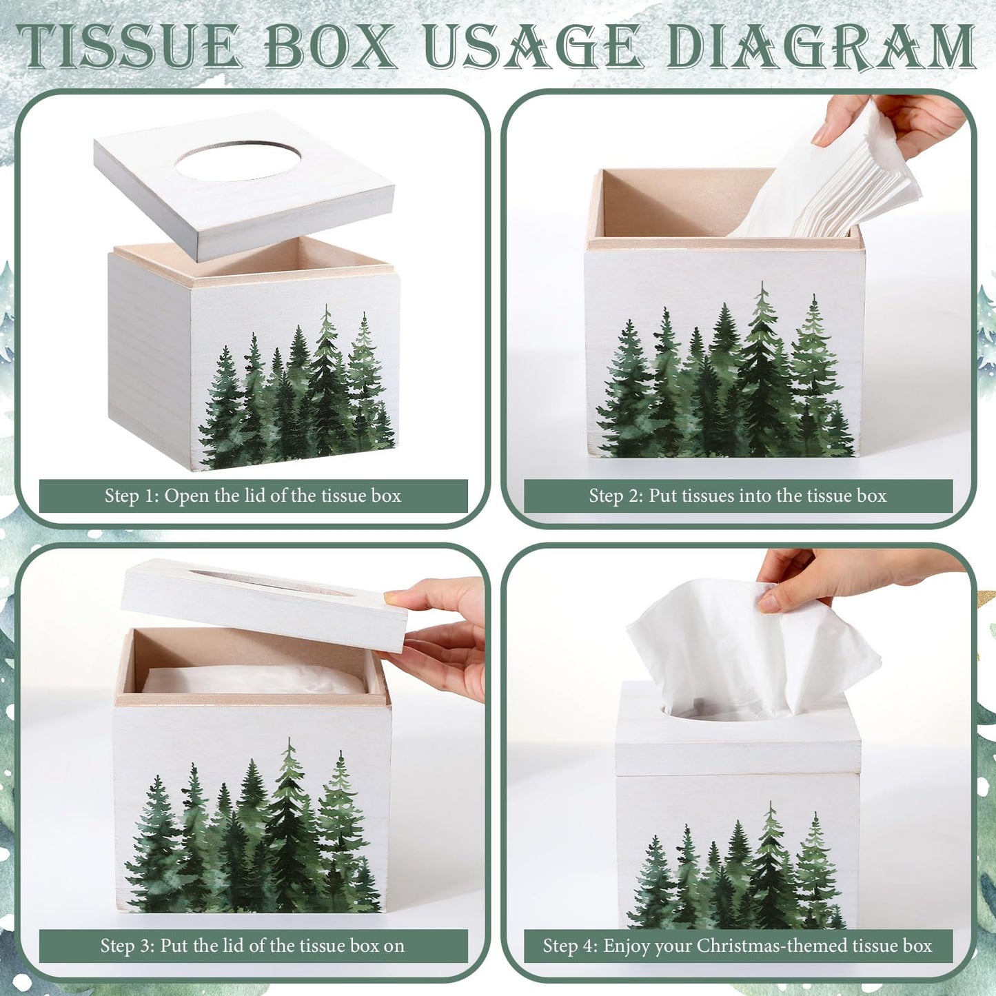 Yalikop 2 Pcs Christmas Tissue Boxes Cover 6 Inch Christmas Winter Holiday Xmas Pine Trees Square Tissue Case Cover Holder T for Square Wooden Decorative for Home Living Room Bathroom Office Decor