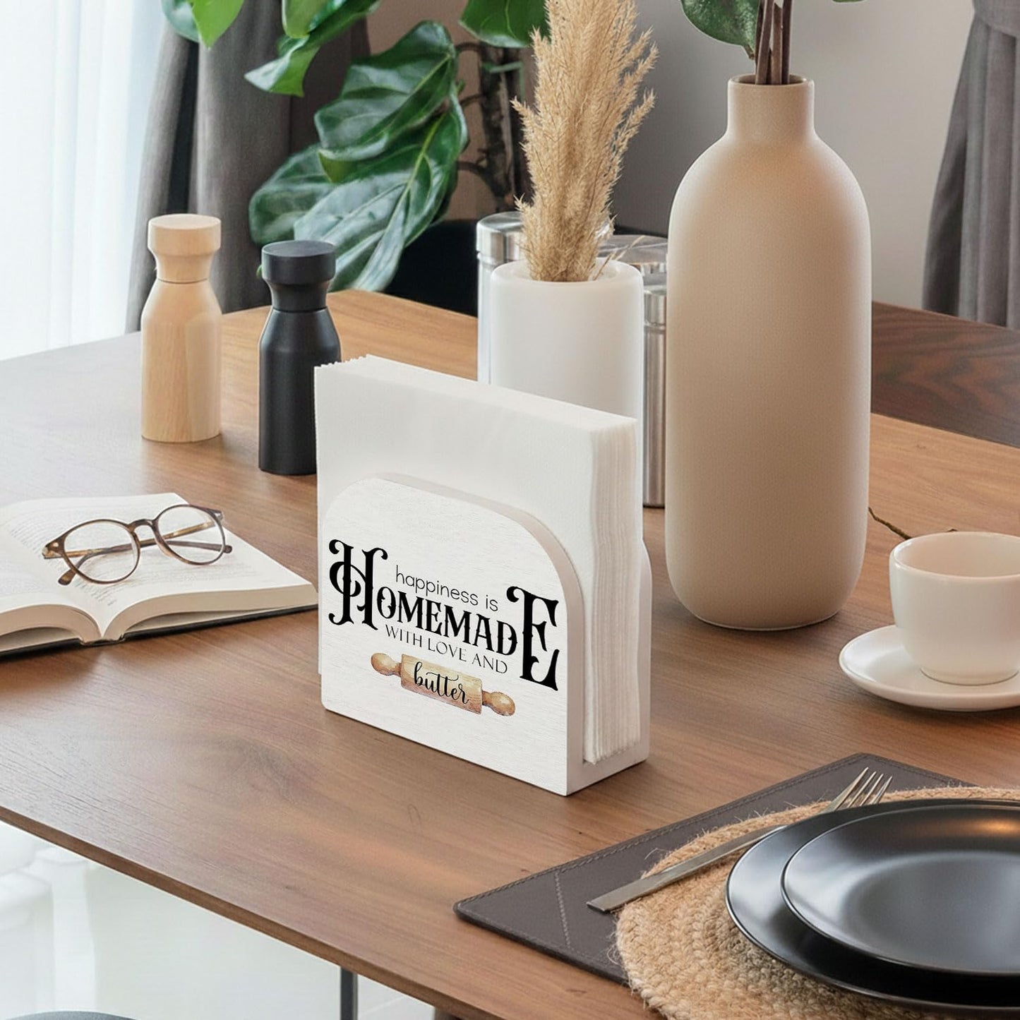 YRDBGHZDF Baking Kitchen Wood Napkin Holder, Happiness Is Homemade with Love and Butter Wooden Standing Napkin Dispenser for Table Kitchen Dining Room Party Bakery Decorations