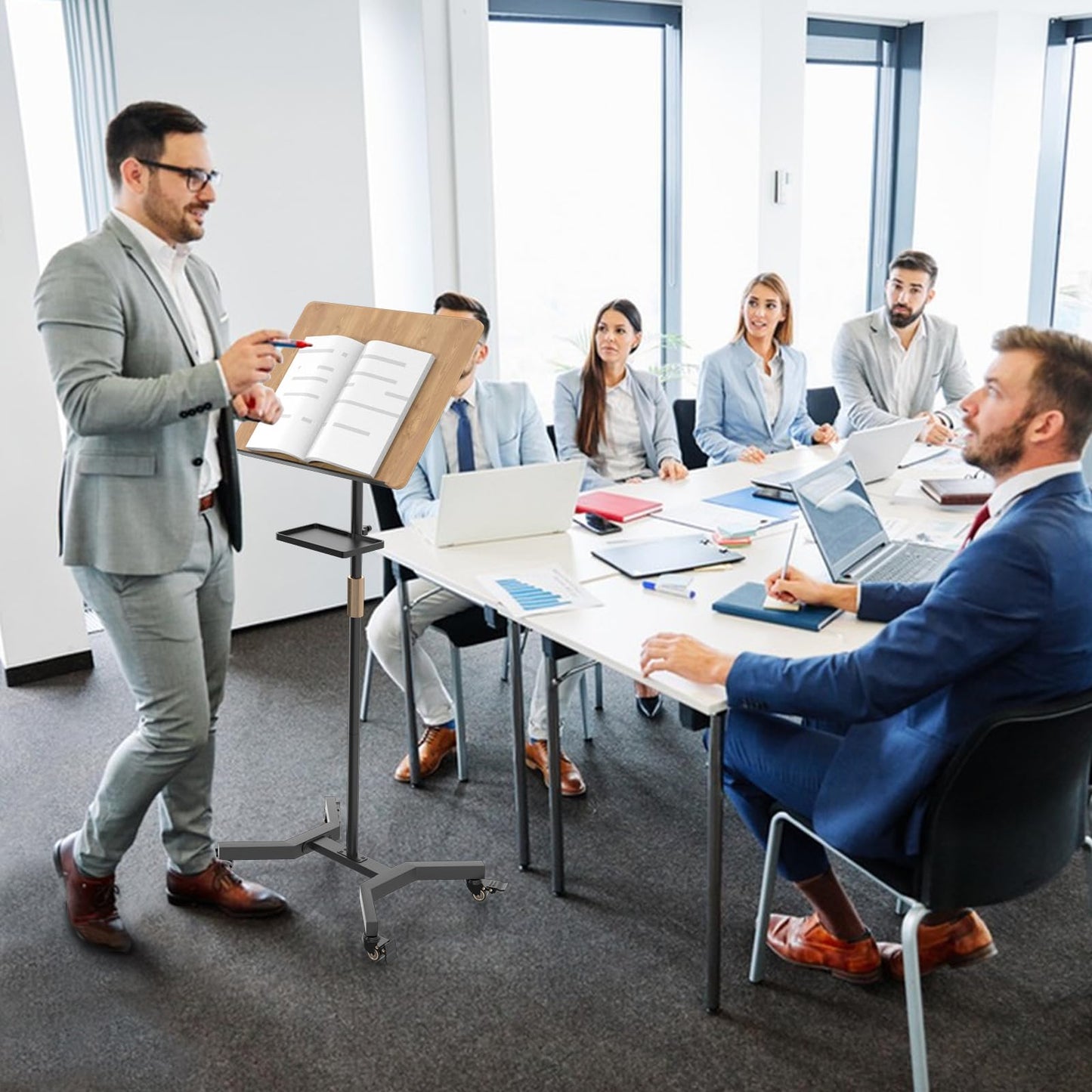 Lectern Podium Stand with Storage Platform, Height Adjustable Steady Standing Design Teacher Speaker Lecture Classroom Presentation Stand for Speech, Lecture, Church, Reading or Laptop Desk