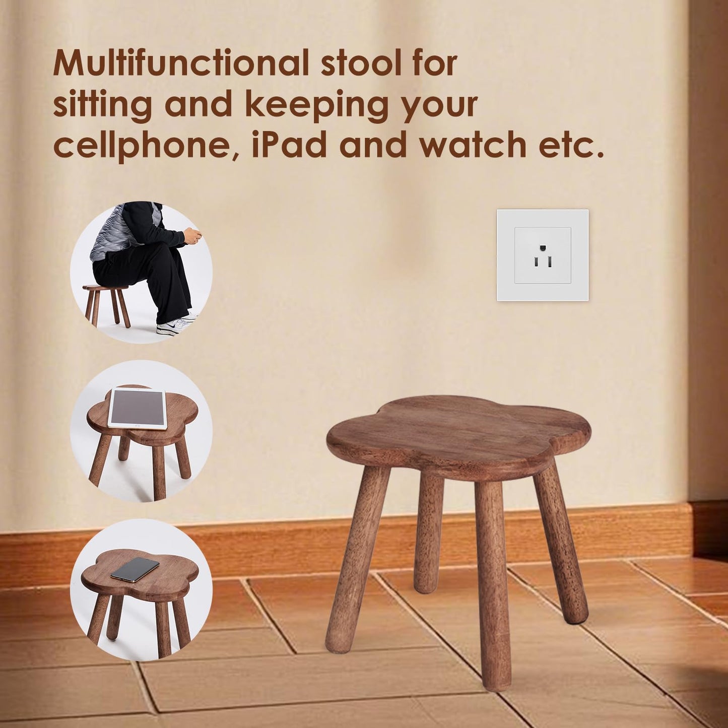 Jurath Wooden Step Stool for Adults Upgraded11.6inch Small Wooden Stool with Four Detachable and Assembled Legs for Bathroom, Kitchen, Bedroom, Plant Stand (Natural Solid Wood top and Legs)