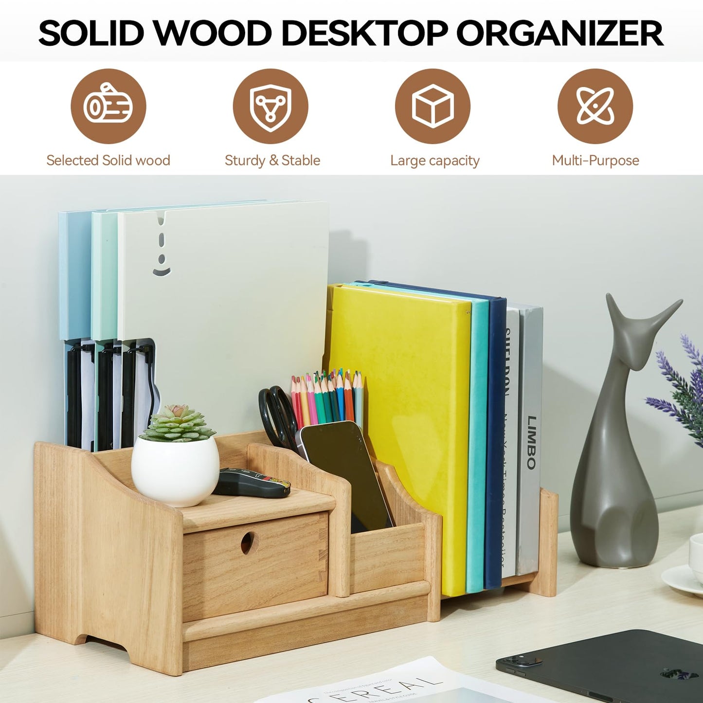 KIRIGEN Desktop Bookshelf Organizer with Drawer, Expandable Wood Desk Shelf, Fully Assembled Book Rack for Office Supplies, Files and Notebooks, Brown, 12.24 to 22.7 in Adjustable Width, SSSJ-S-NA