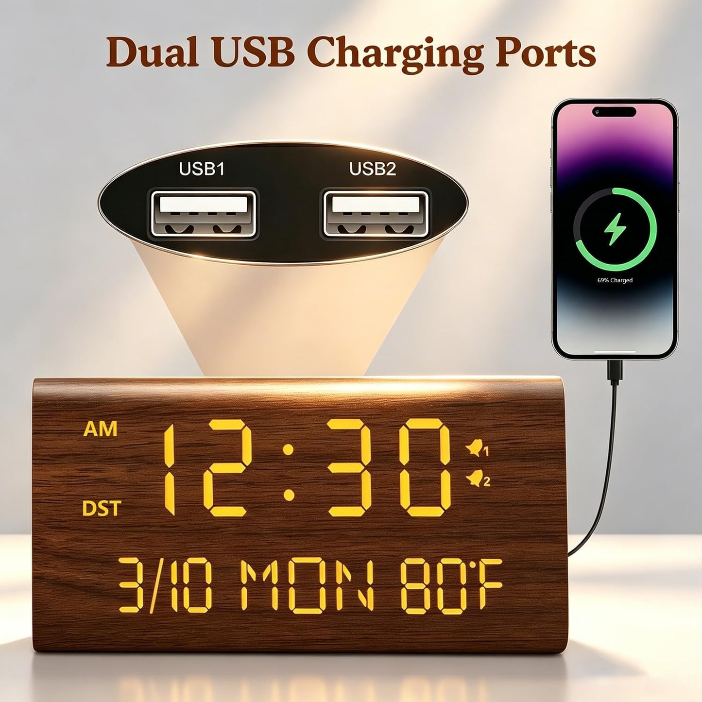 Kogonee Wooden Digital Alarm Clock, 0-100% Dimmer, 2 Alarm Settings, Weekday/Everyday Mode, 9 Mins Snooze, 12/24H, Temperature and Date Display for Office, Travel, Bedroom Alarm Clock (Brown)
