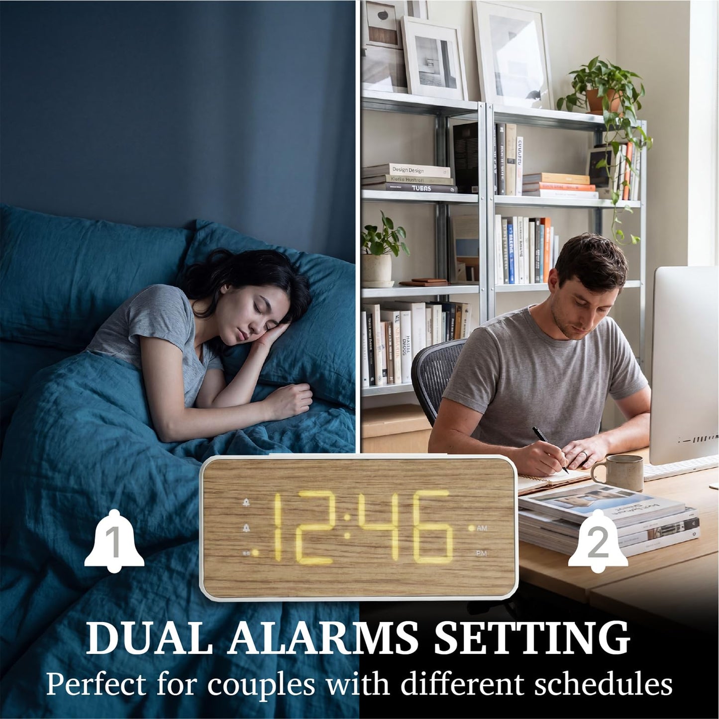 Lumoday Wooden Digital Alarm Clock for Bedroom, Large Display, 100dB Alarm