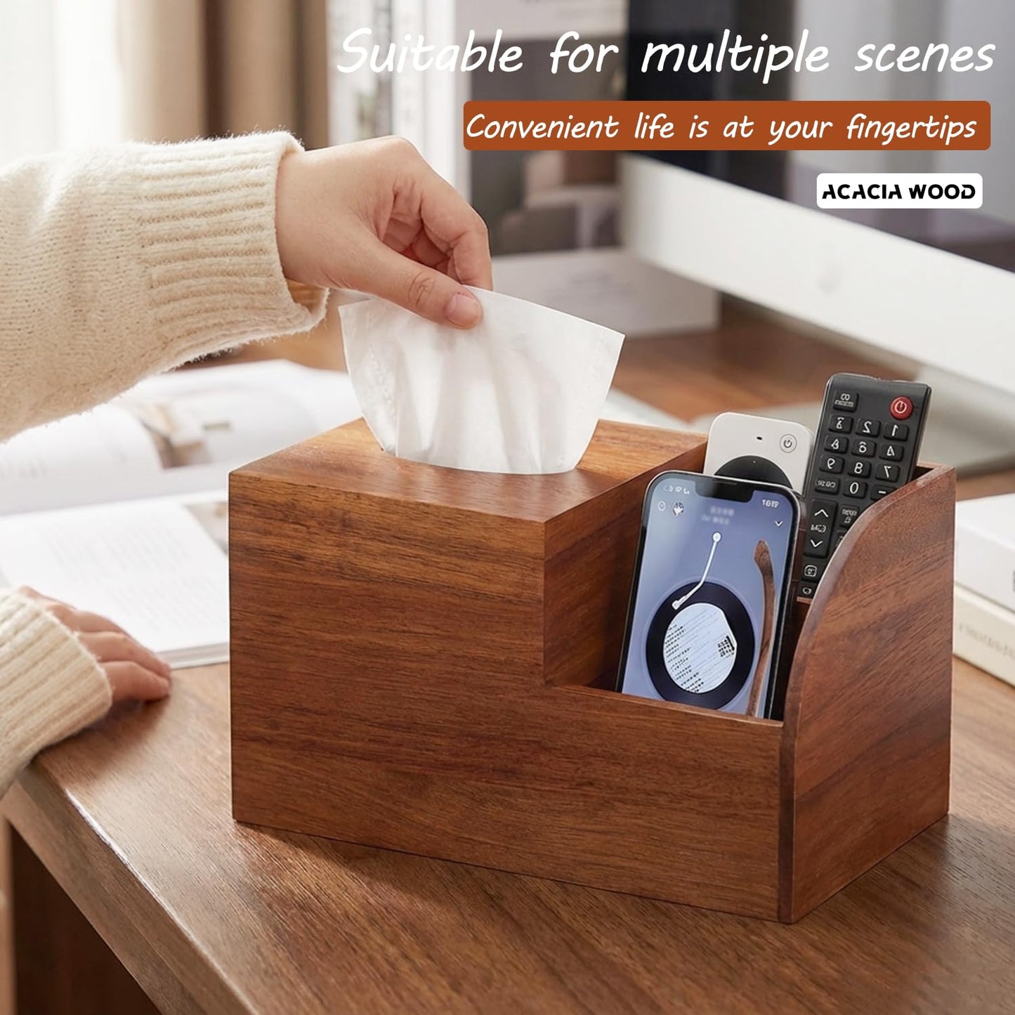 BIBELUN Square Tissue Box Cover, Multi-Functional Wood Tissue Box Holder with Storage Grid, Tissue and Remote Control Holder, Decorative Facial Tissue Cube Box Organizer for Desk, Nightstand, Bathroom