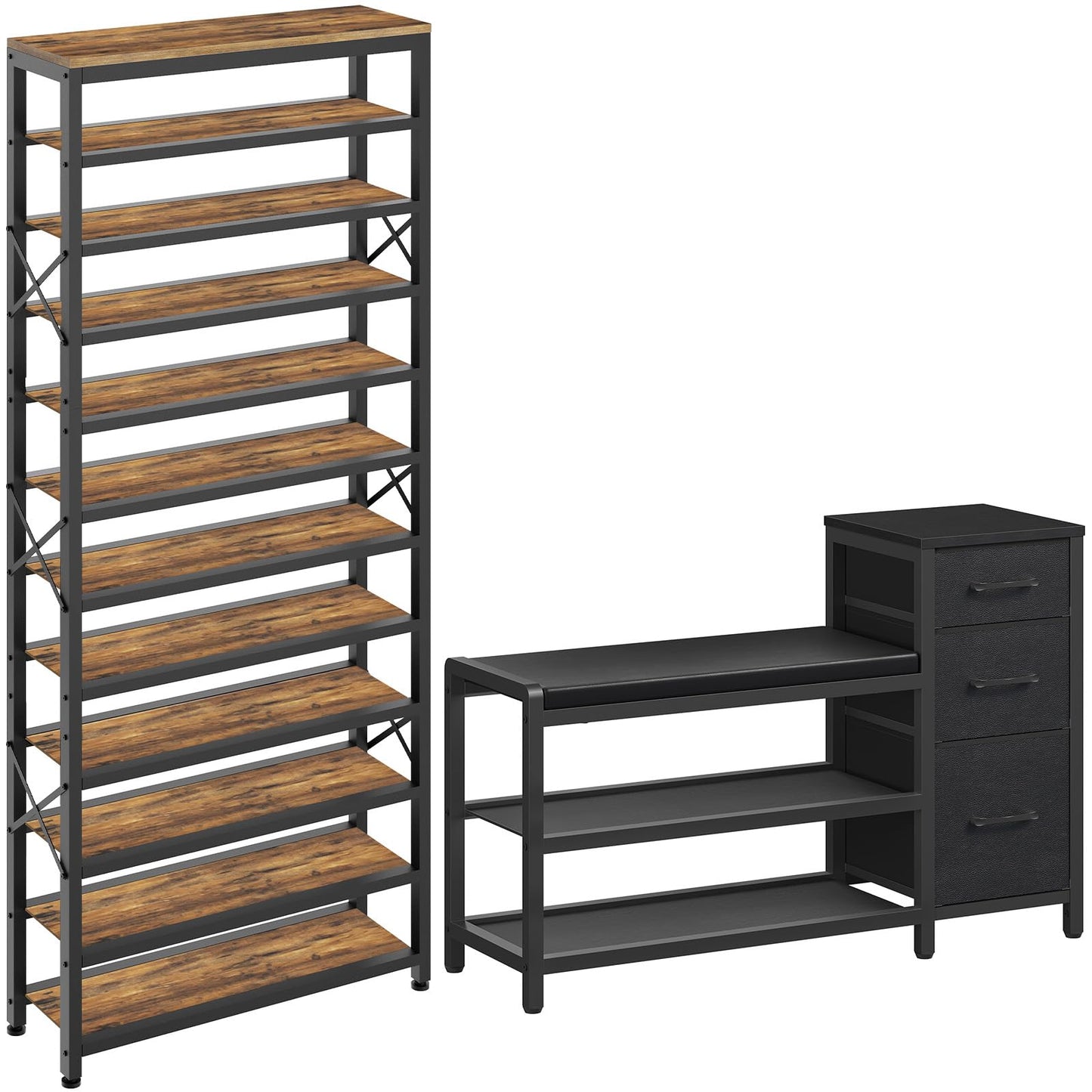 YATINEY 12-Tier Tall Shoe Rack and Entryway Bench with Shoe Storage, 3-Tier Shoe Rack Bench with Wooden Shelves and 3 Non-Woven Drawers, PU Padded Shoe Storage Bench SS212BR-HX07BB