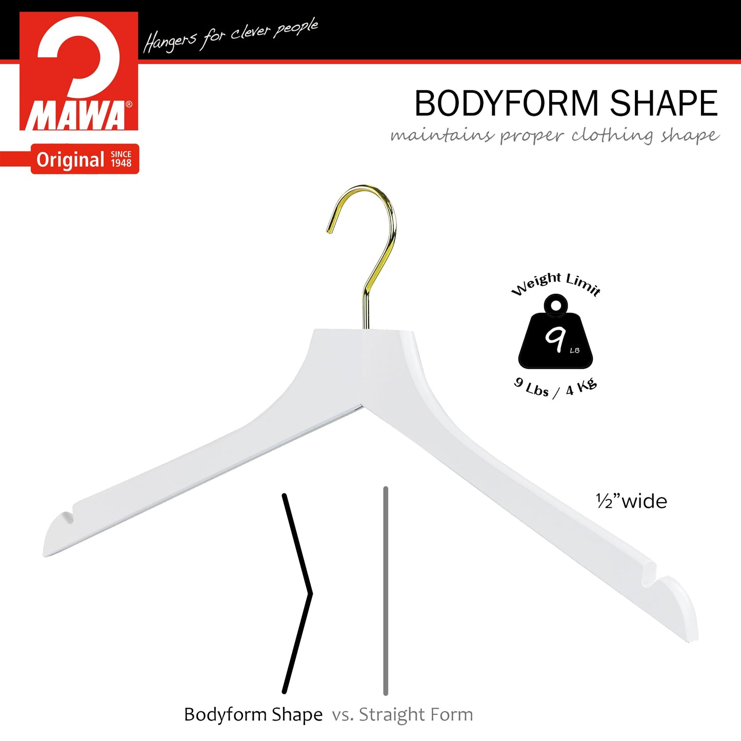 MAWA by Reston Lloyd, European Wooden Hanger, Beech Wood Straight Hanger with Shoulder Notches, Rotating Gold Hook, White Finish, for Shirts, Blazers, Dress Clothes, Set of 5 (27135)