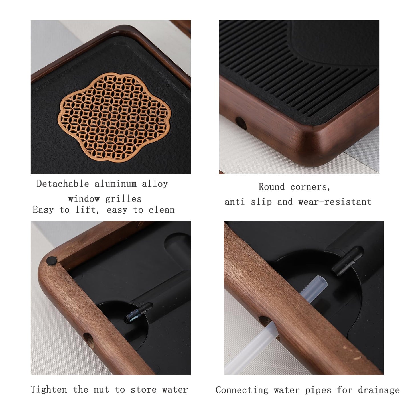 AUUKYII Wooden Chinese Tea Tray15 x 10 x 2 inches，Japanese Tea Serving Tray, Gongfu Tea Table Set with Reservoir Type Water Storage Box