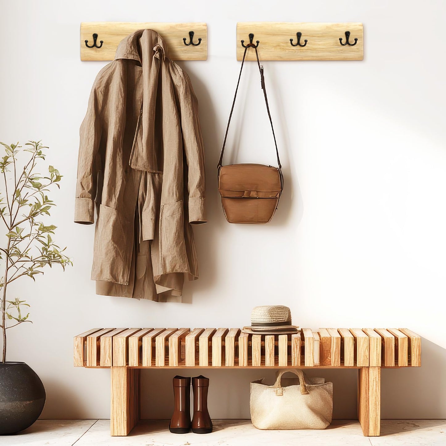Threehoney 2 Pcs Wooden Coat Rack Wall Mount, 15.8 Inch Farmhouse Style with 3 Hooks, Heavy Duty Wall Hanger for Hanging Backpack, Jacket, Hat, Towel, Purse - Entryway, Bathroom, Bedroom Organizer