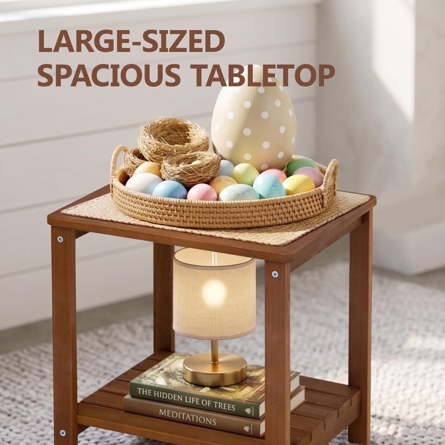 PHOARTS Solid Fir Wood Outdoor Side Table,2 Tier Small Patio End Table with Slatted Storage Shelf,Wooden Accent Table for Porch,Poolside,Garden,Living Room, Bedroom, 16.5 x 12.7 x 17 in,Brown