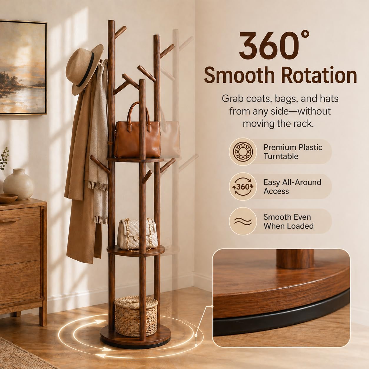 Solid Wood Rotating Coat Rack Freestanding, 360° Coat Tree with 3 Shelves & 9 Hooks, Heavy Duty Rubberwood Coat Hanger Stand, Hat Rack Hall Tree for Entryway Bedroom Office Hallway, Walnut