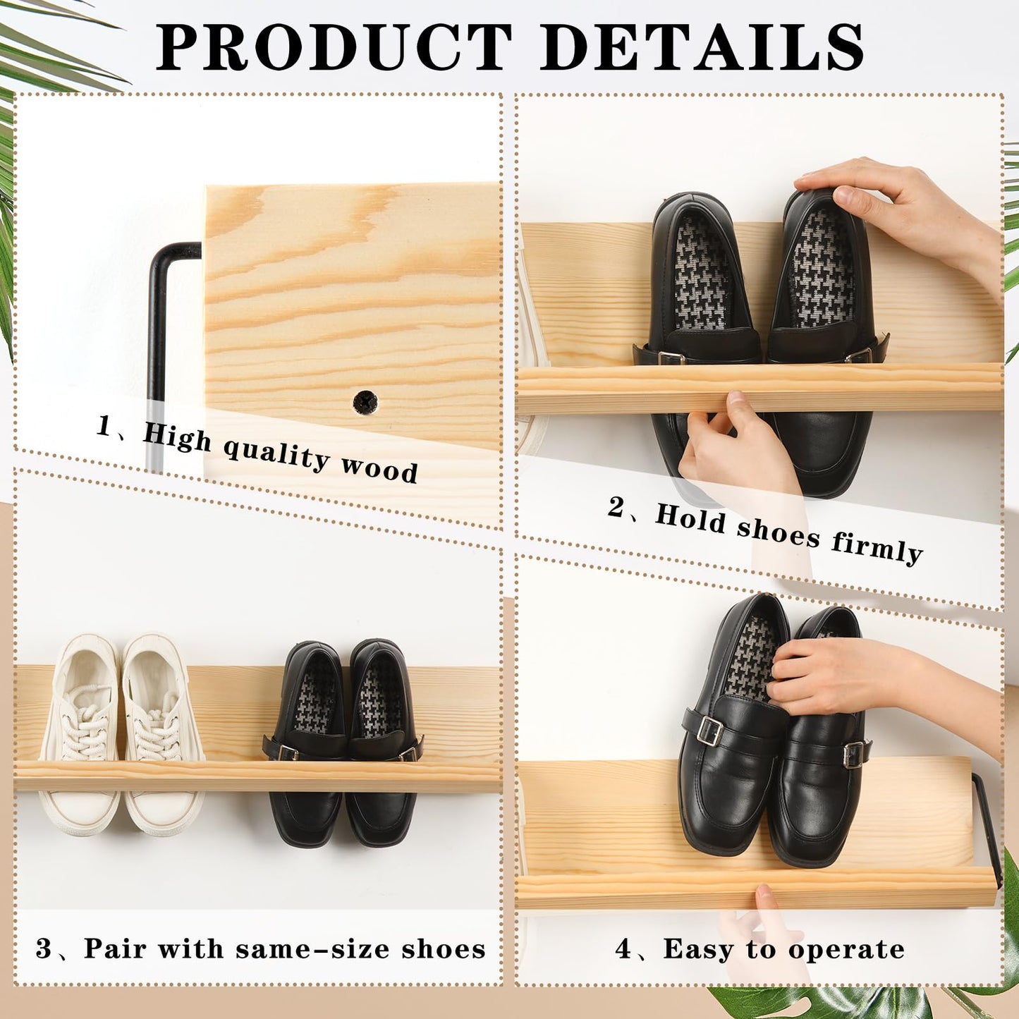 Mifoci 2 Pcs Wall Mounted Shoe Rack Organizer Wooden Modern Compact Wall Space Saving Shoe Holder Storage for Sneaker Footwear Slipper Boots Entryway Narrow Spaces Hallway(39.37'' Long)