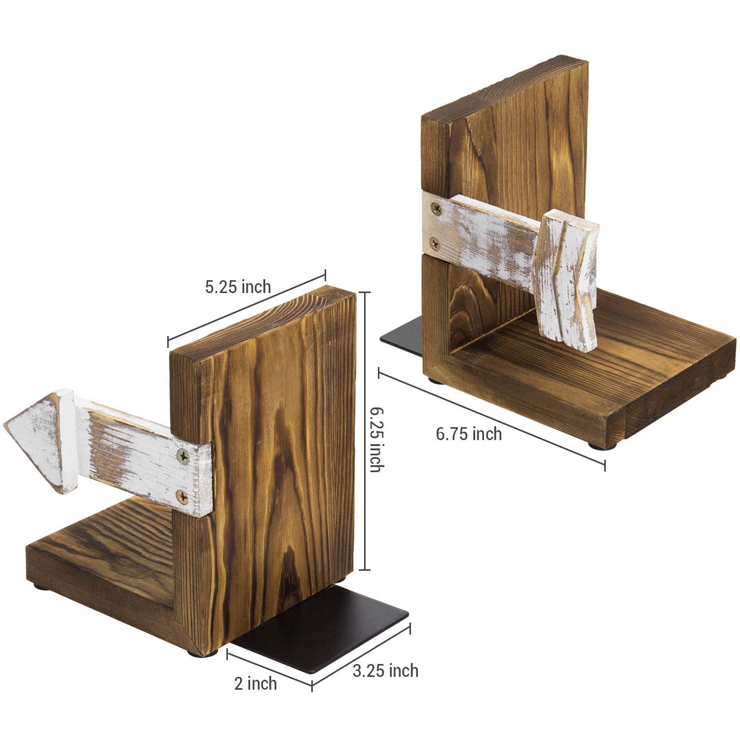 MyGift Farmhouse Bookends, Rustic Book Ends Kitchen, Tabletop Boho Bookend Support Stands, Whitewashed Arrow Design and Burnt Dark Brown Wood