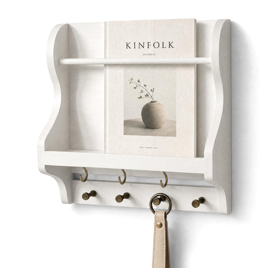 Rebee Vision Pine Wood Mail Organizer Wall Mount for Home Decor - Mail Holder for Wall with 4 Hooks for Key, Sunglass & Wallet - Farmhouse Magazine Holder for Wood Decor (White)