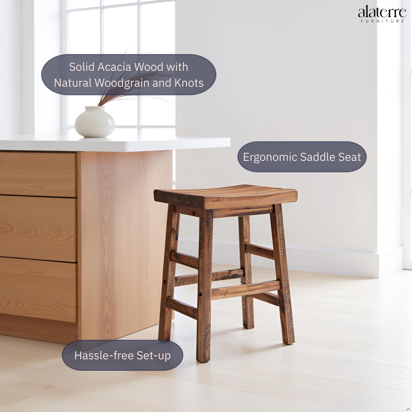 Alaterre Furniture Durango 26-Inch Tall Industrial Wood Counter-Height Stool Bar Stool, Kitchen, Seating, Vintage-Style Saddle Seat, Comfort, Rustic Industrial, Light or Dark Tone Lacquer Finish