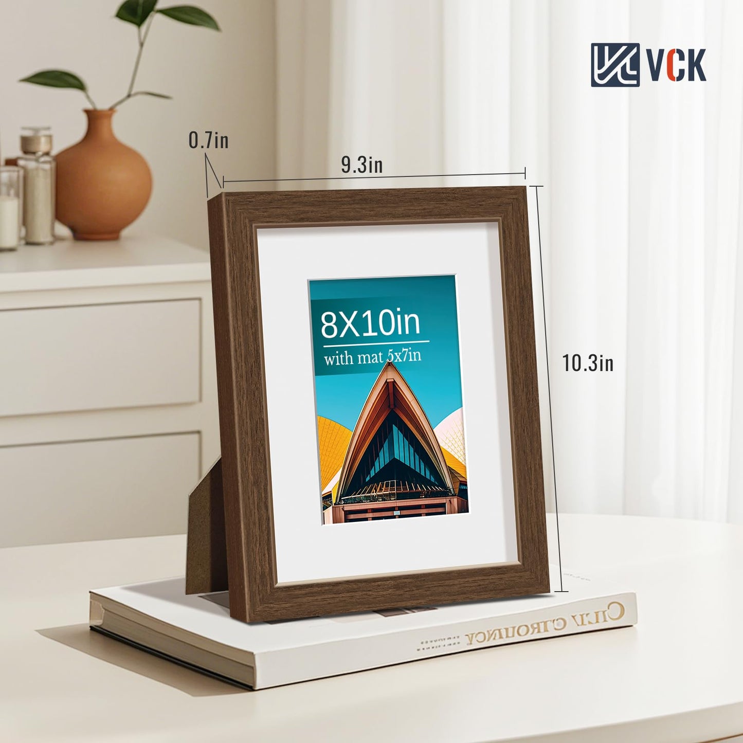 VCK 8x10 Picture Frame with Glass - 4 Pack, Display Pictures 5x7 with Mat or 8 x 10 without Mat - Wall and Tabletop, 8 by 10 Photo Brown Wooden Frames