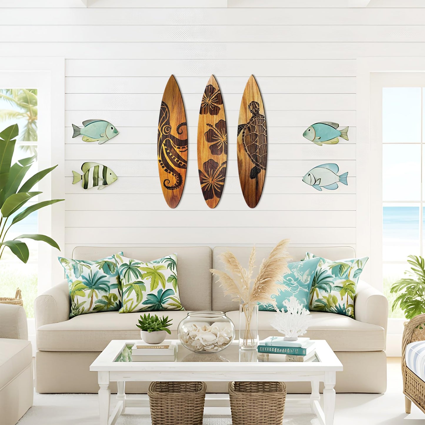 Yousoontic 3 Pcs Surfboard Wall Decor 23.6" x 5.2" Large Wooden Beach Room Surfboard Decor for Wall Summer Turtles Hibiscus Octopus Hawaiian Tropical Sign for Home Bedroom Party