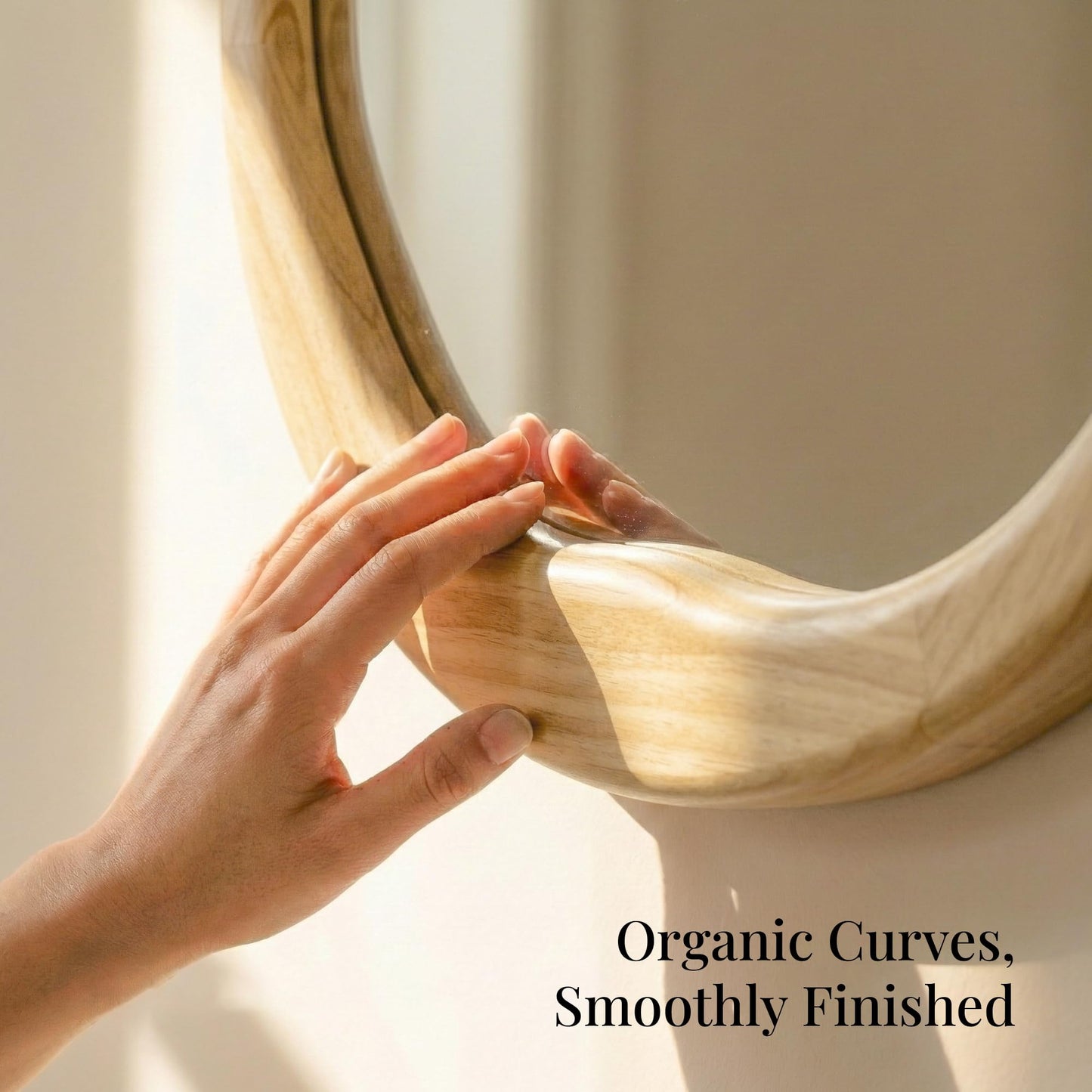 Pocetry Natural Wood Round Mirror 24 Inch, Solid Wood Framed Wall Mirror with Irregular Wavy Inner Edge for Bathroom Vanity, Bedroom & Boho Decor