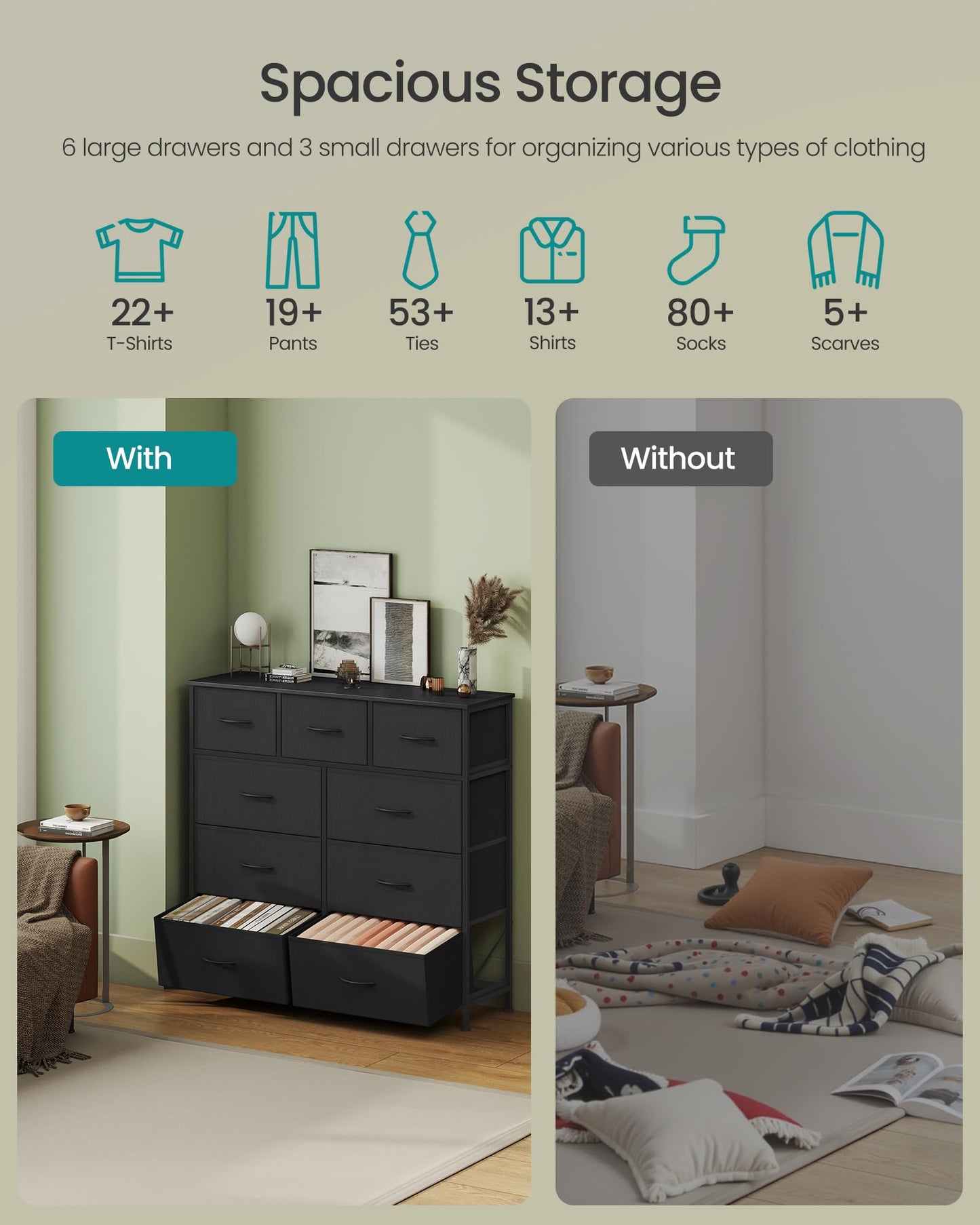SONGMICS BELLAH Collection - Dresser for Bedroom, Chest of Drawers, Storage Organizer Unit, Closet, Entryway, Steel, 9 Drawers, Modern, Ink Black and Ebony Black ULGS324B01S