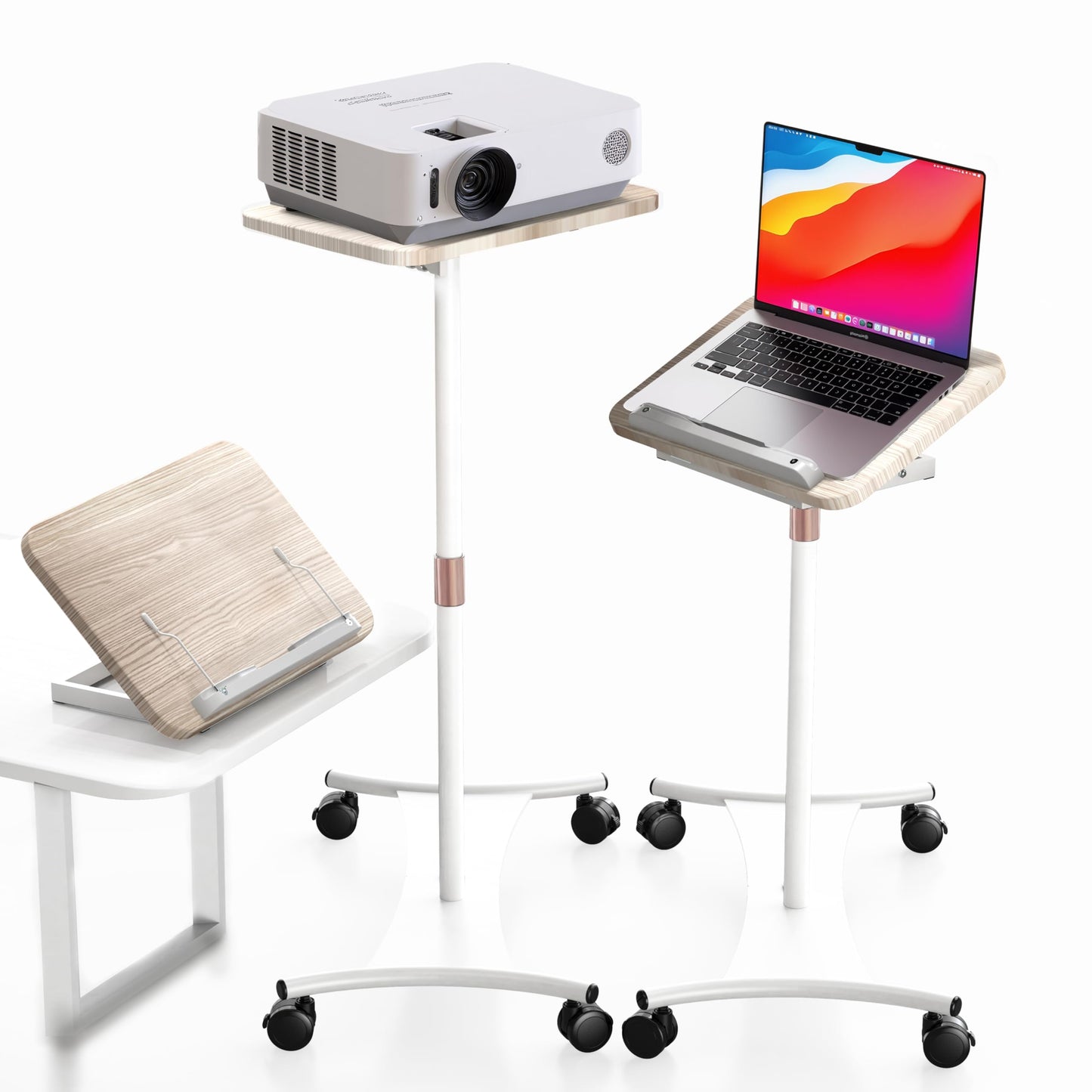YUMFUN Rolling Laptop Floor Stand, Dual-Purpose for Desk & Floor, Adjustable Height from 16.5" to 51", with 4 Lockable Casters & Book Page Clips, Portable Laptop Stand (White Ash Finishing)