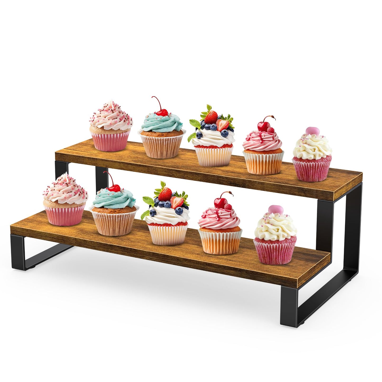 ELITEROO Wooden Display Riser Stand, Tiered Perfume and Cologne Organizer Stand, 2 Tier Rustic Display Shelf for Party,Makeup,Figures,Cupcake,Perfume,Dessert,Candles