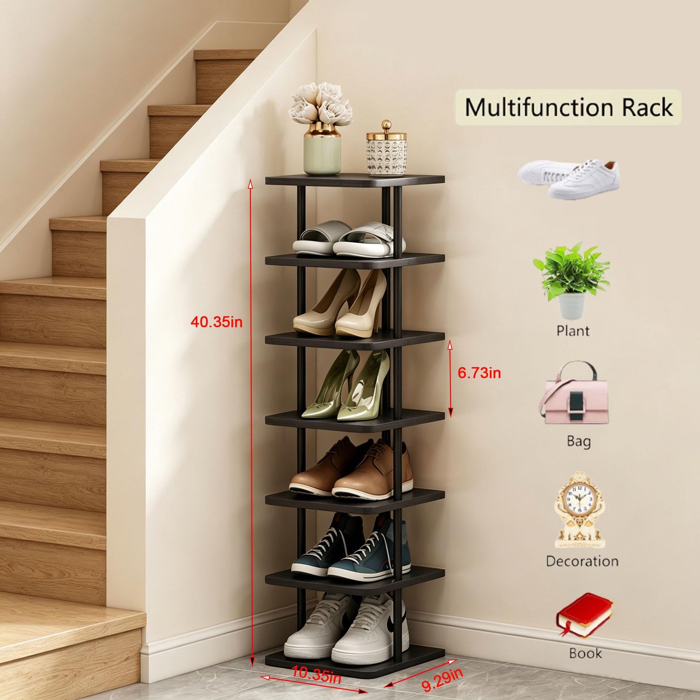 SORCEDAS 7 Tiers Vertical Shoe Rack Wooden Shoe Storage Organizer for Space Saving Narrow Shoe Shelf Storage 7 Pairs for Entryway Living Room Bedroom(Black + Rustic Dark Brown)