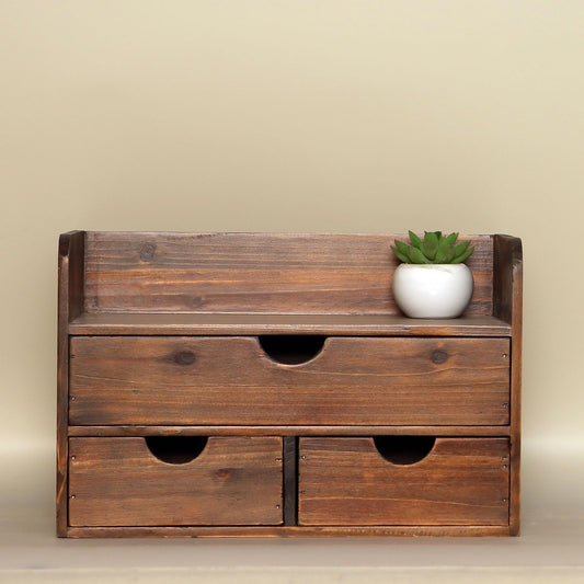 Juleduo Vintage Rustic Brown Wooden 3 Drawer with Shelf Office Desk Organizer & Mail Rack For Desktop,Box for Office Home makeup holder Toiletries Supplies Vanity, No Assembly Required (Brown)
