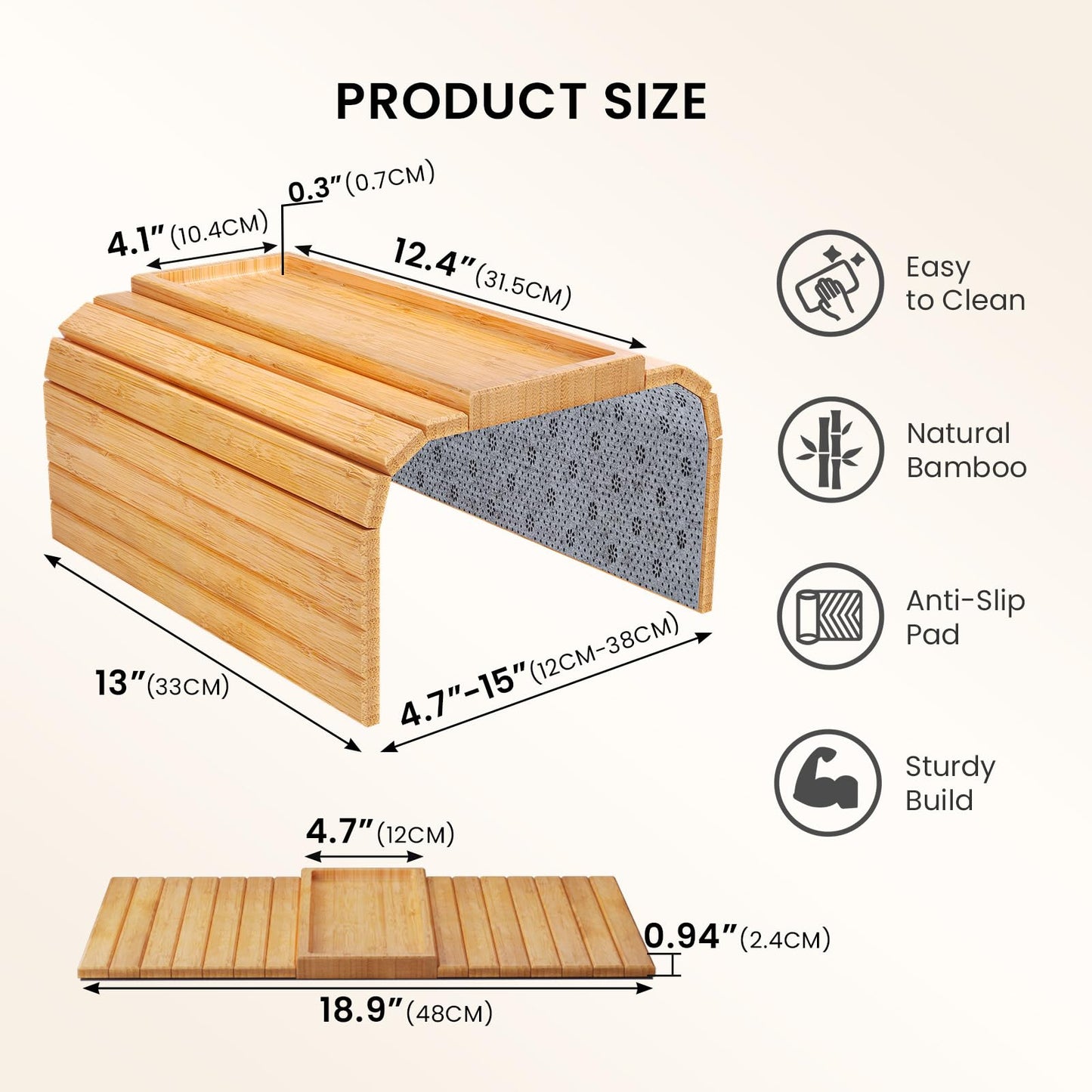 Danfoxer 2 Pack Sofa Arm Tray,Bamboo Folding Couch Arm Tray,Sofa Armrest Tray with Anti-Slip Pad for Drinks,Snacks,Phone,Remote Control（Natural）