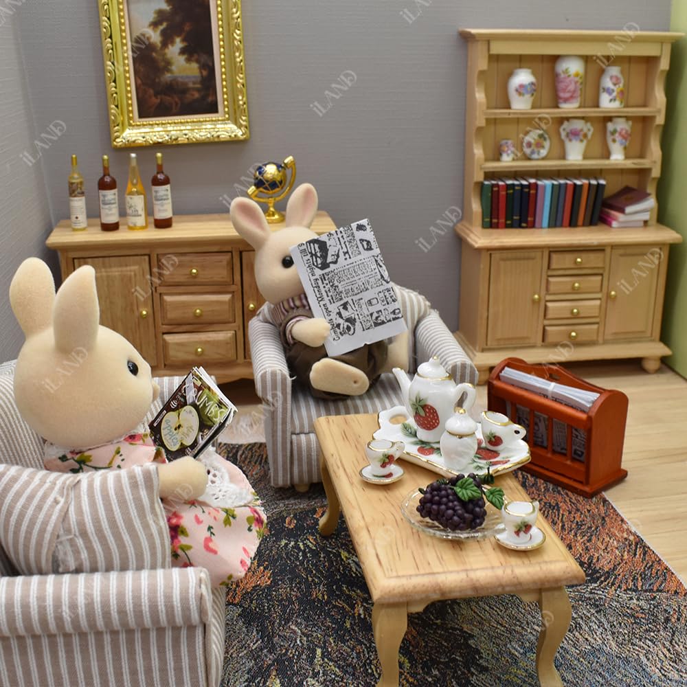 iLAND Miniature Wooden Dollhouse Furniture Set: Sofa, Cabinets, Coffee Table for Dollhouse Living Room (Classic Doll Furniture 7pcs)